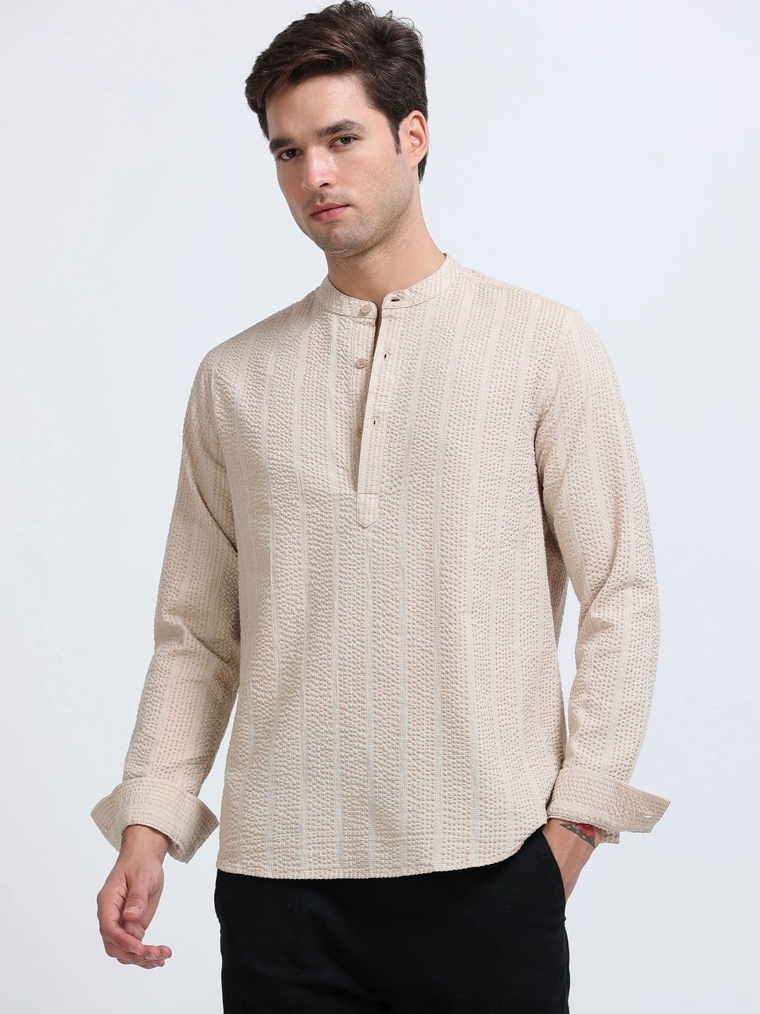 StitchX Men's Seersucker Band Collar Pure Cotton Striped Kurta Shirt - view 1
