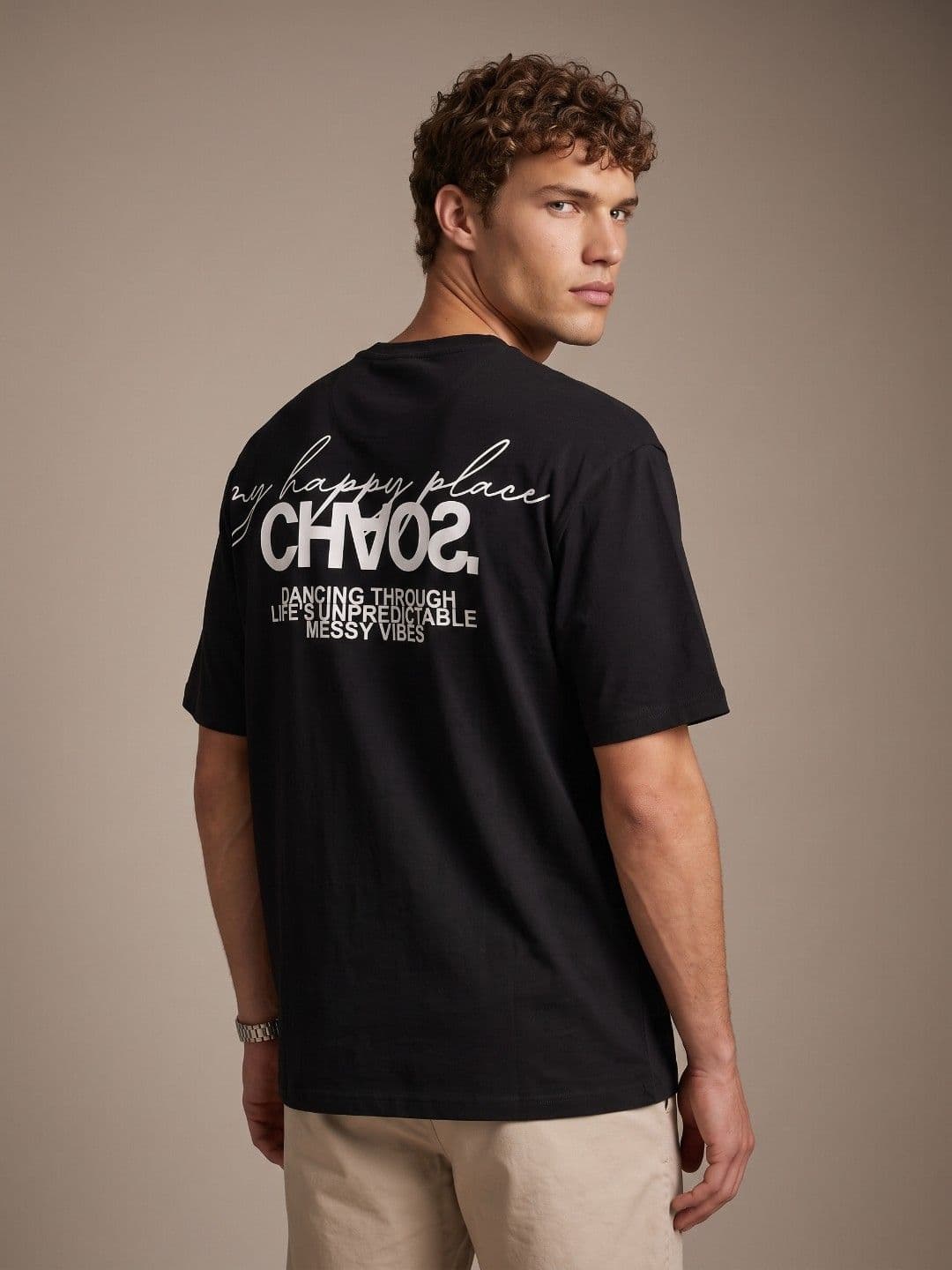 glitchez Men Typography Printed Drop-Shoulder Sleeves Oversized T-shirt - view 1