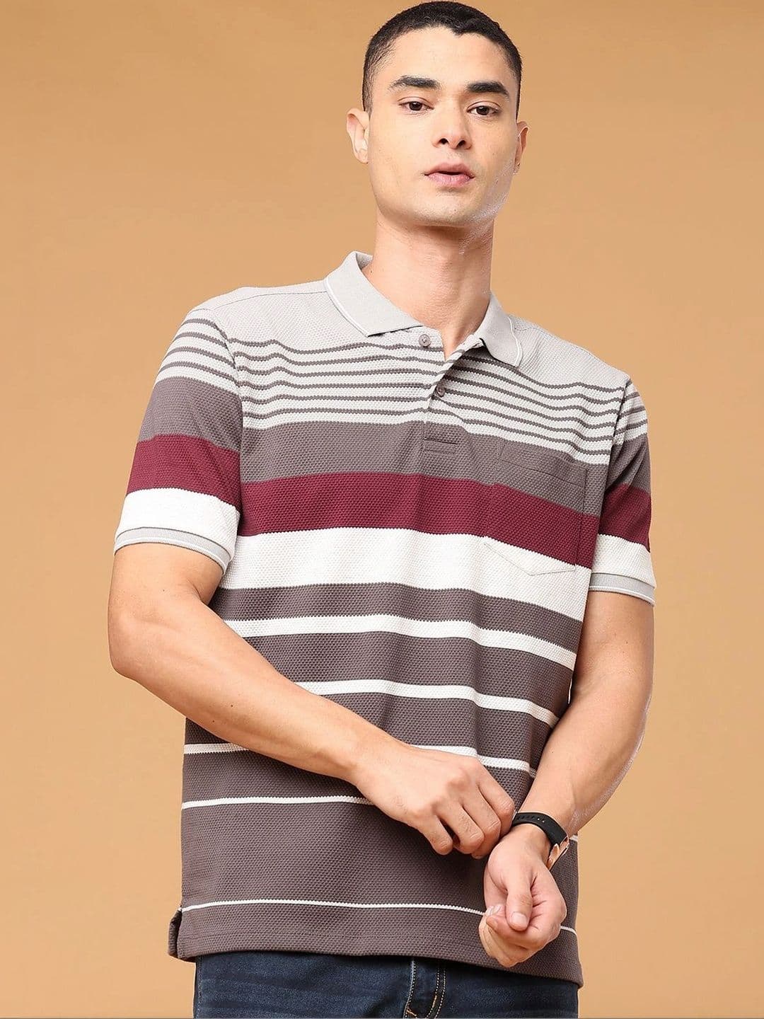 V-Mart Men Striped Polo Collar Pockets T-shirt - view 1
