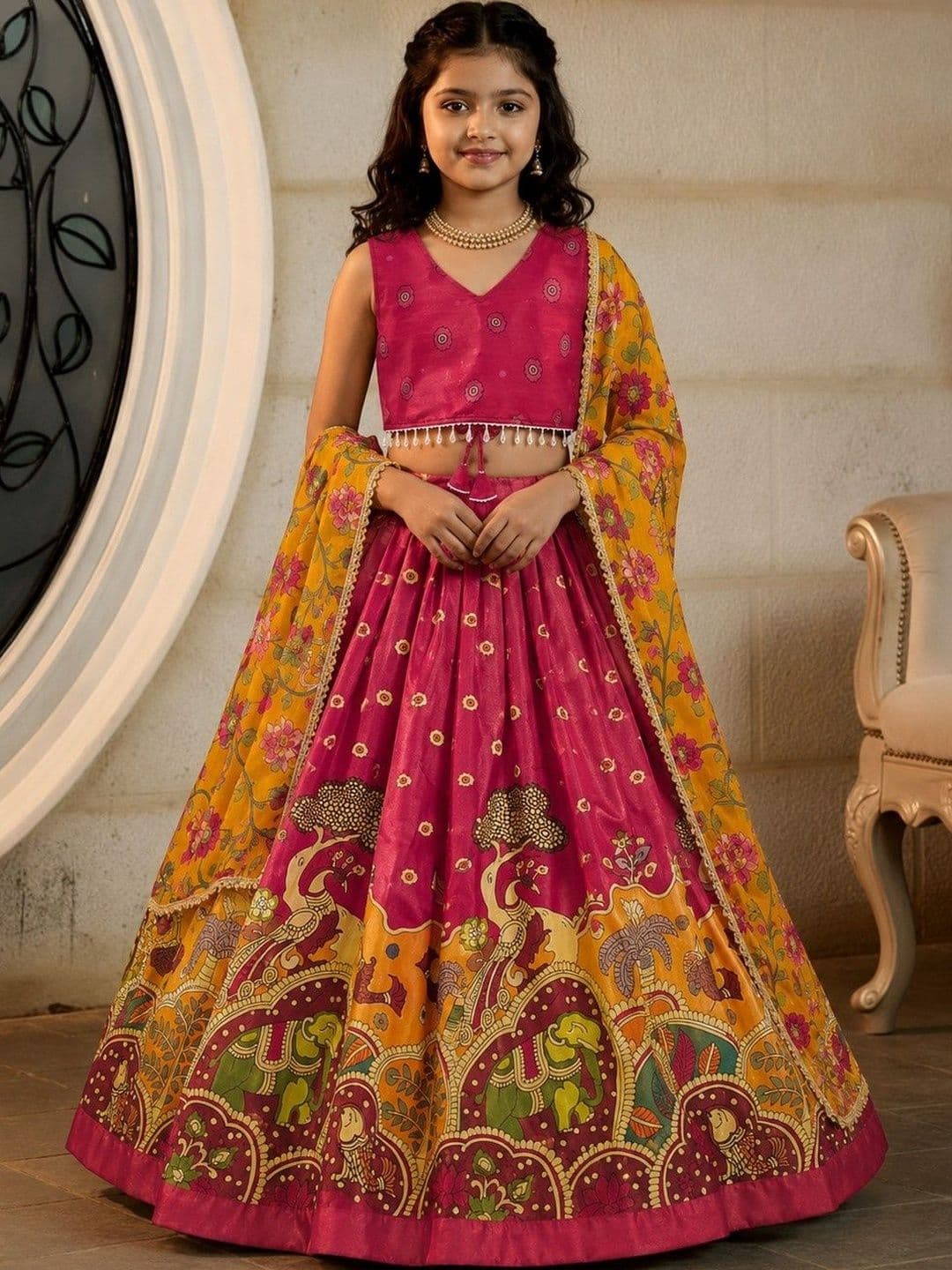 KALINI Girls Printed Kalamkari Ready to Wear Lehenga & Blouse With Dupatta - view 1