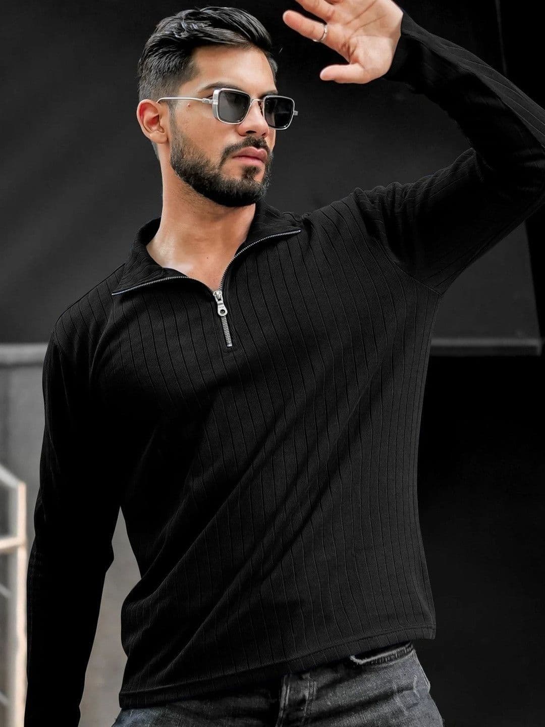 HAPPY KHAJANA Men Ribbed Polo Collar Regular Fit Polo Collar Zipper Chain T-shirt - view 1