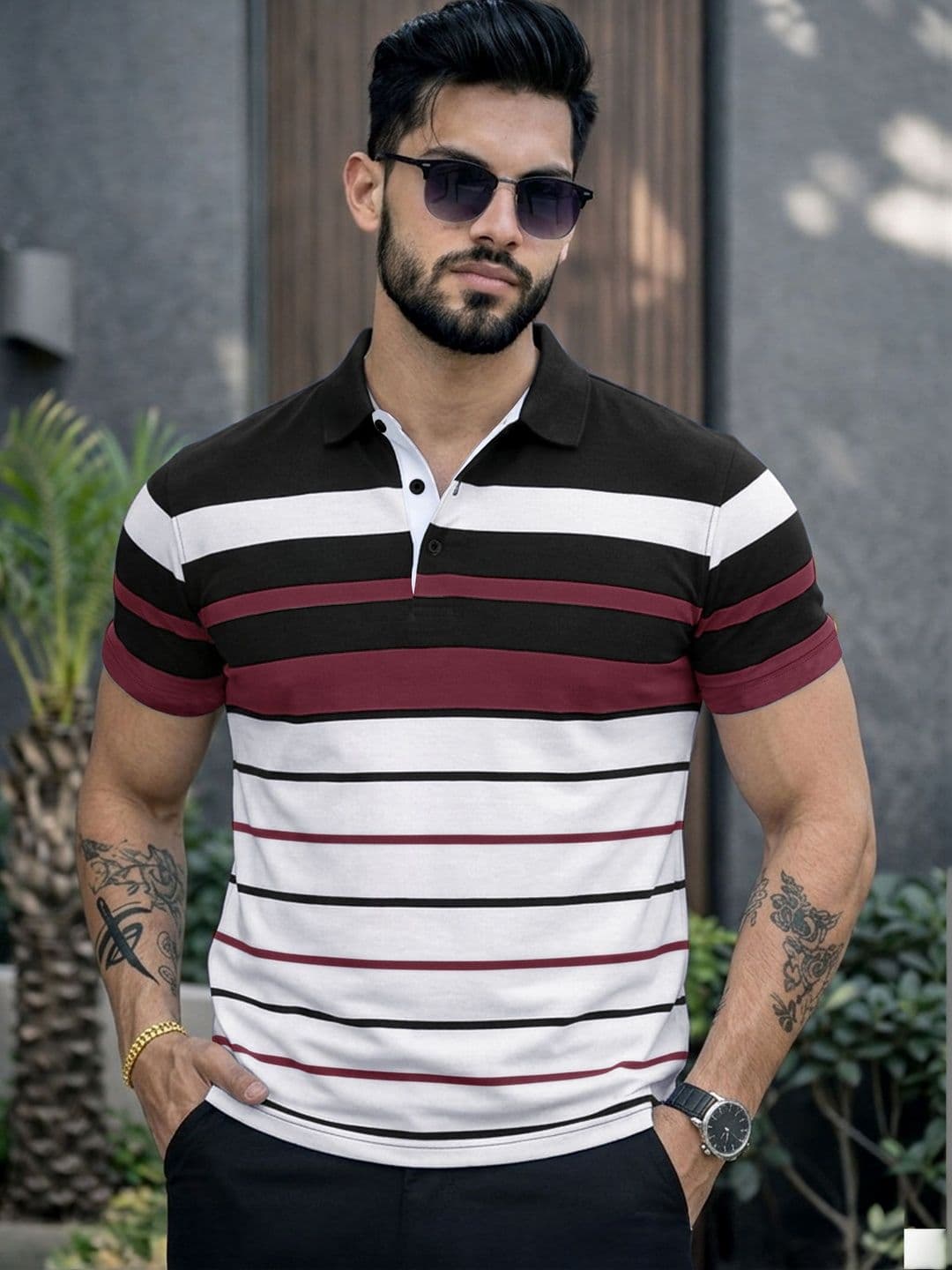 Eyebogler Striped Polo Collar Cotton T-shirt - view 1