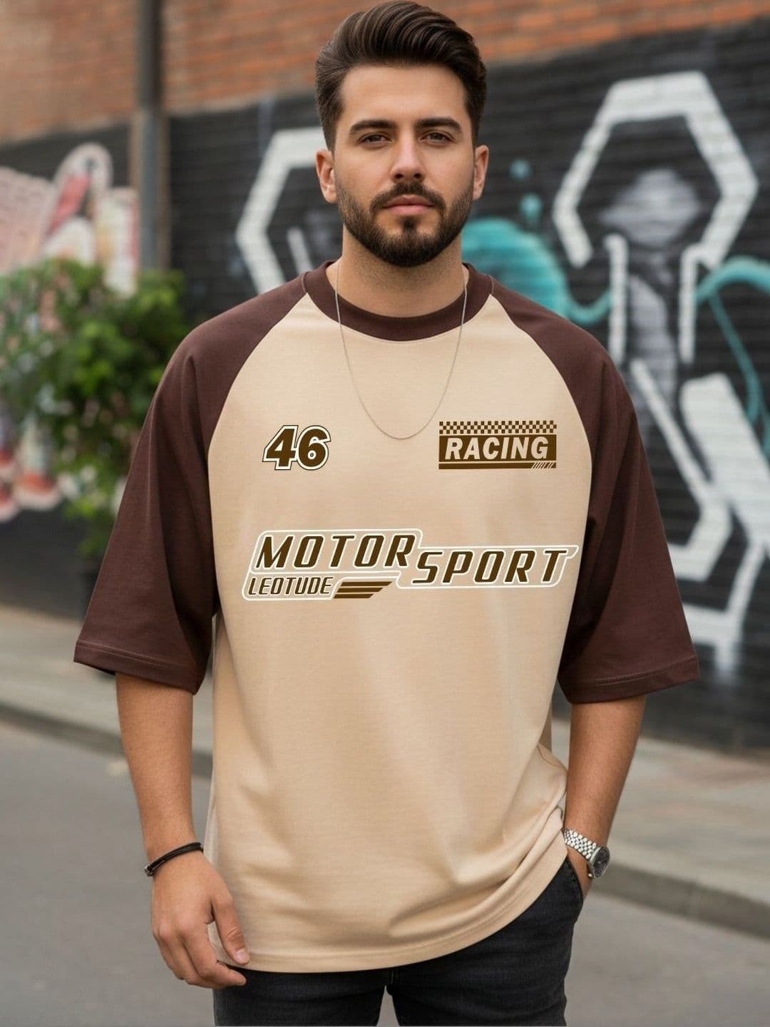 Leotude Typography Printed Round Neck Drop-Shoulder Sleeves Oversized T-shirt - view 1
