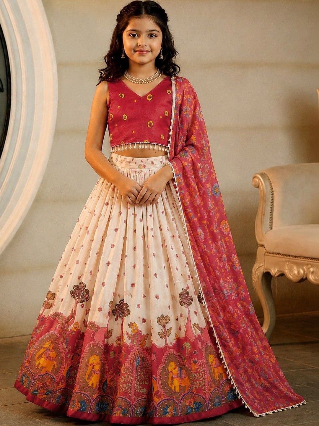 KALINI Girls Printed Kalamkari Ready to Wear Lehenga & Blouse With Dupatta - view 1