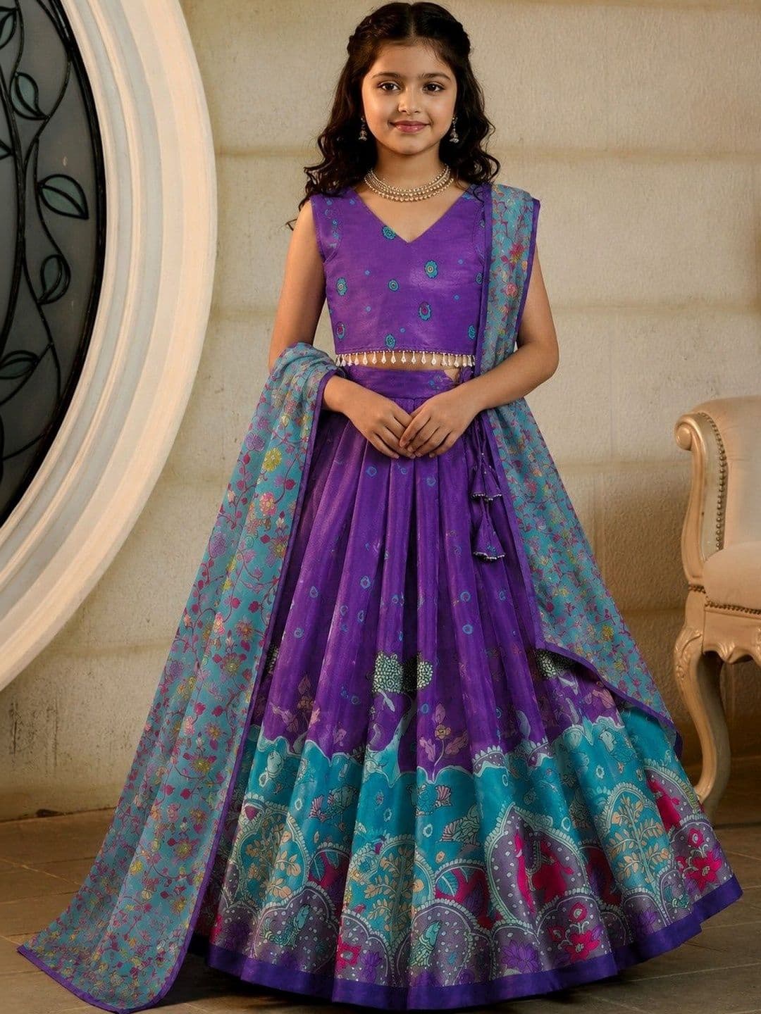 KALINI Girls Printed Kalamkari Ready to Wear Lehenga & Blouse With Dupatta - view 1