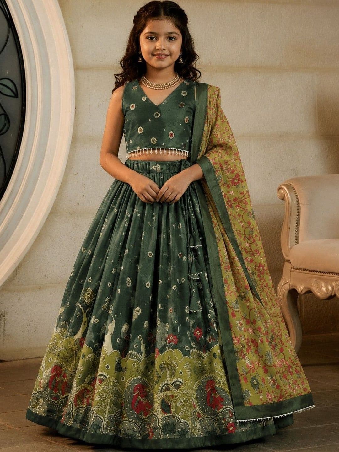 KALINI Girls Embellished Kalamkari Ready to Wear Lehenga & Blouse With Dupatta - view 1