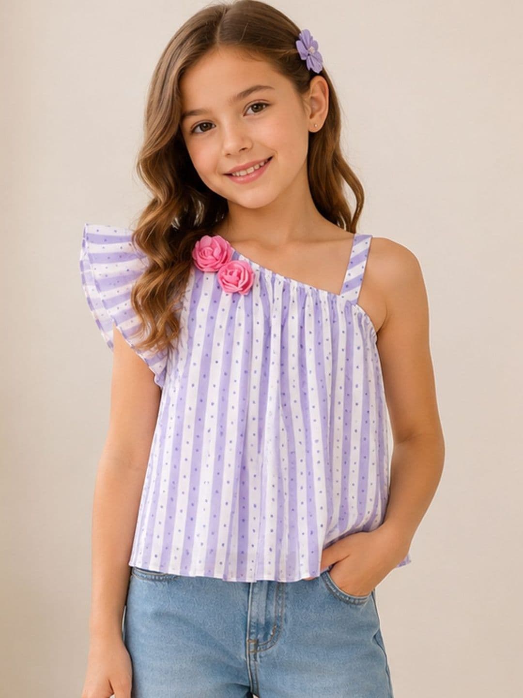 CUTECUMBER Girls Purple Striped One Shoulder Flutter Sleeve Ruffles Top - view 1