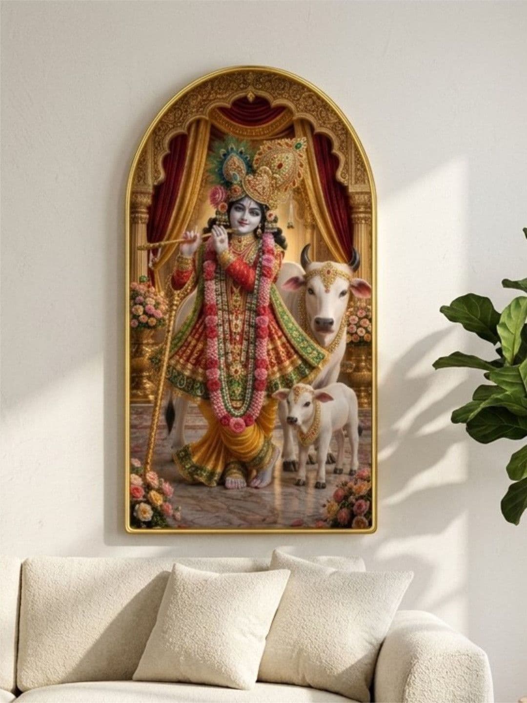 SAF Gold Toned MDF Shri Krishna Cow Portrait Wall Art - 30'' x 16'' - view 1