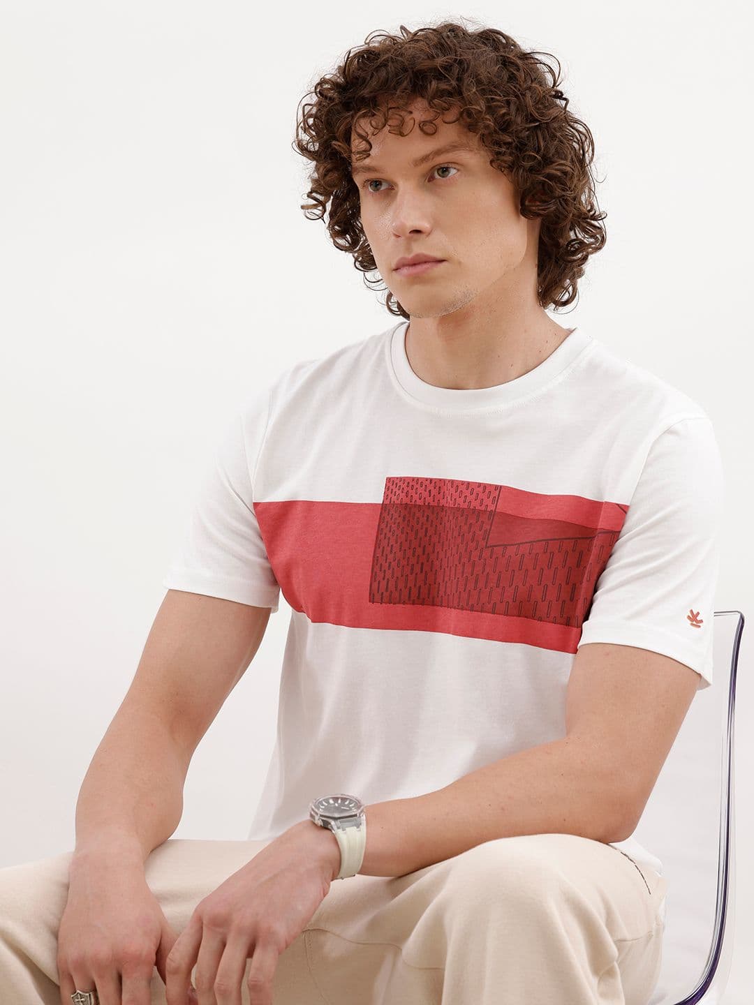 WROGN Men White & Peach-Coloured Colourblocked Slim Fit T-shirt - view 1
