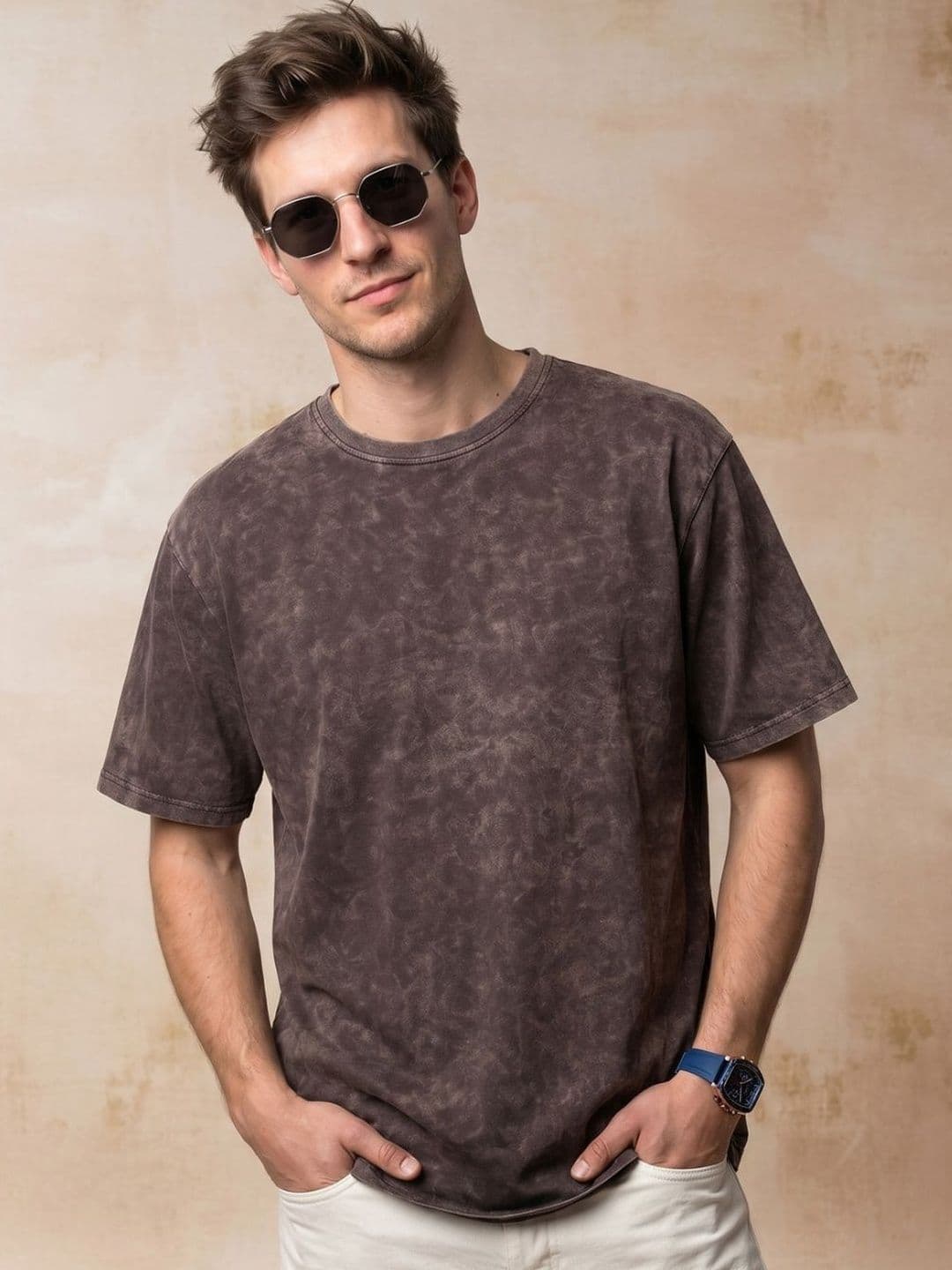 VEIRDO Men Brown Acid Wash Printed Drop-Shoulder Sleeves Pure Cotton Oversize T-shirt - view 1