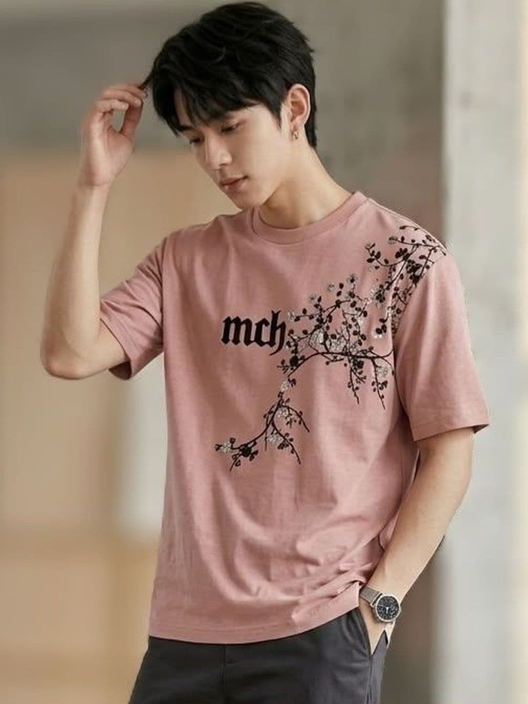 BIGCAPS Men Embroidered Pink Round Neck Tshirt - view 1