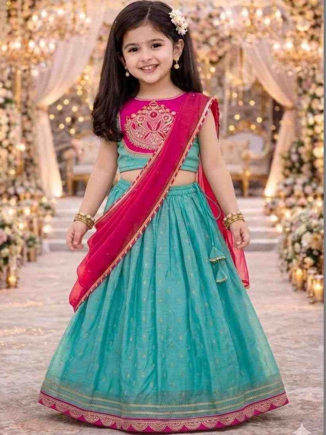 KALINI Girls Embroidered Thread Work Ready to Wear Lehenga & Blouse With Dupatta - view 1