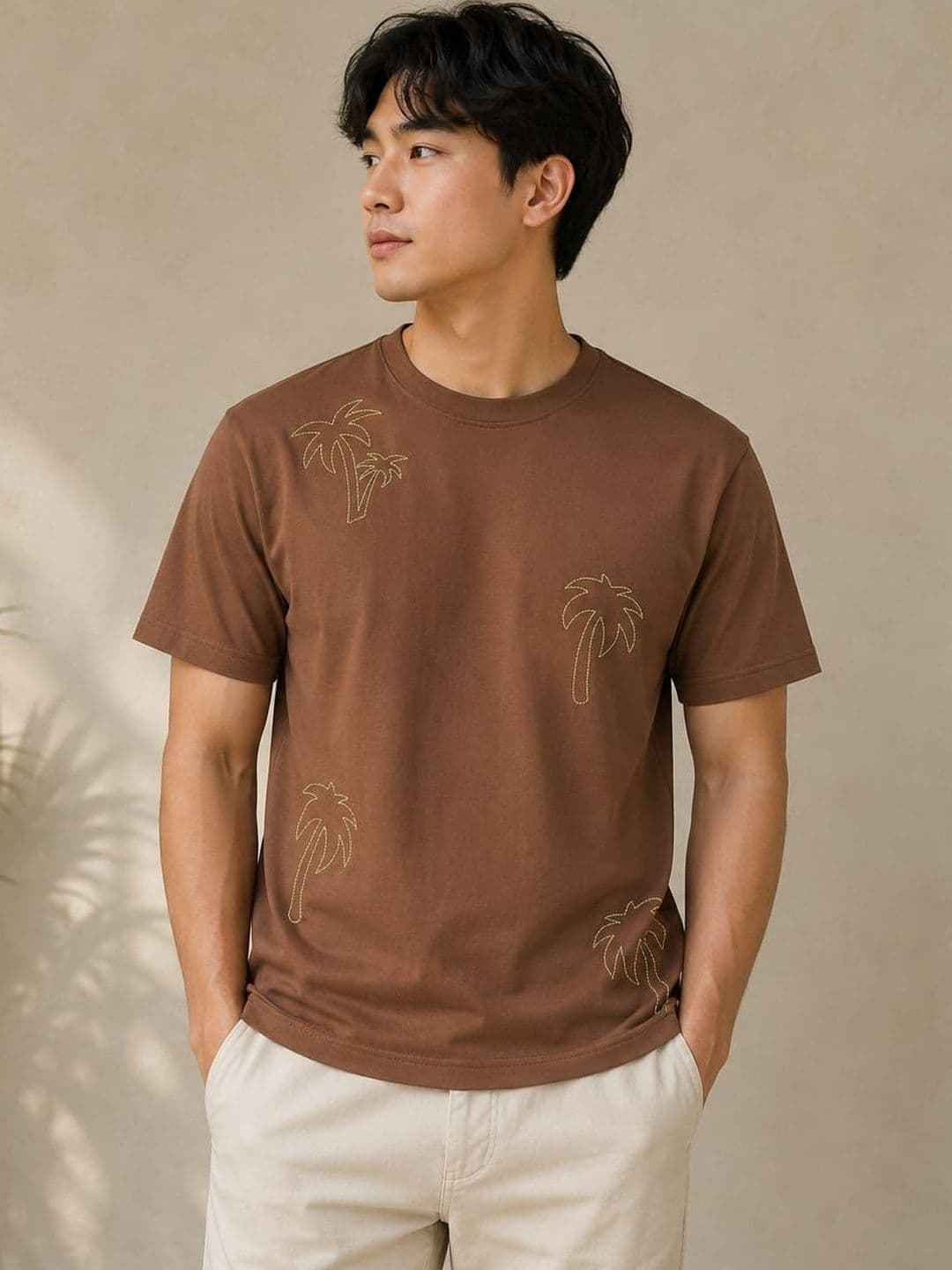 BIGCAPS Brown Embroidered Round Neck T-Shirt - view 1