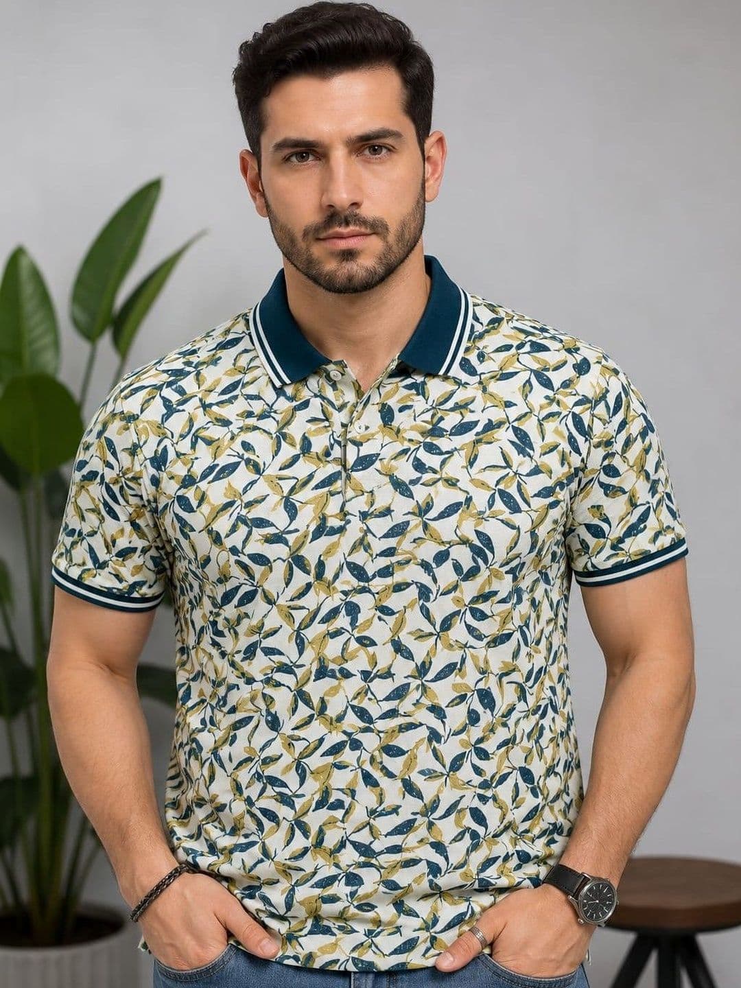 Austin wood Men Floral Printed Polo Collar T-shirt - view 1