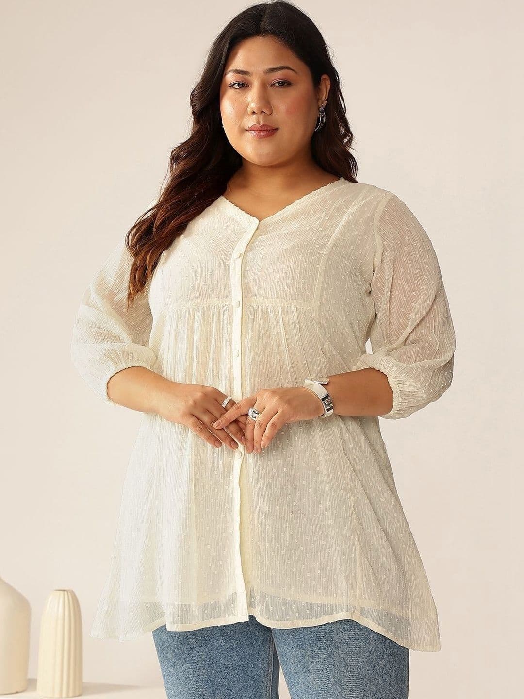 Janasya Women Plus Size Off White Dobby Chiffon Self Design A-line Tunic - view 1