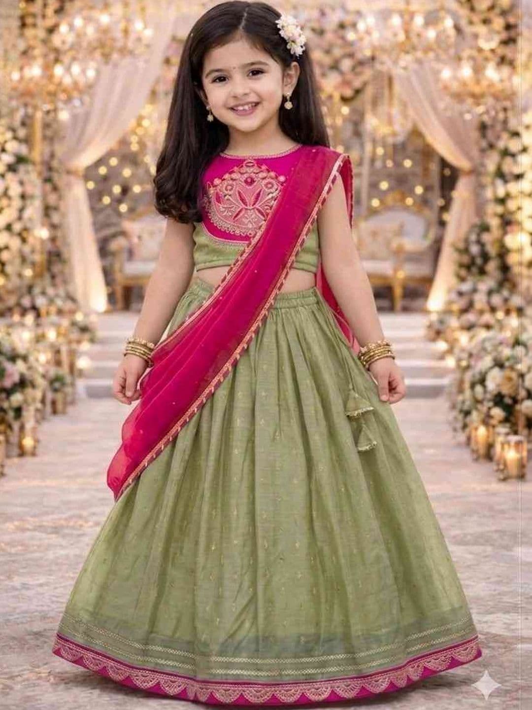 KALINI Girls Embroidered Thread Work Ready to Wear Lehenga & Blouse With Dupatta - view 1