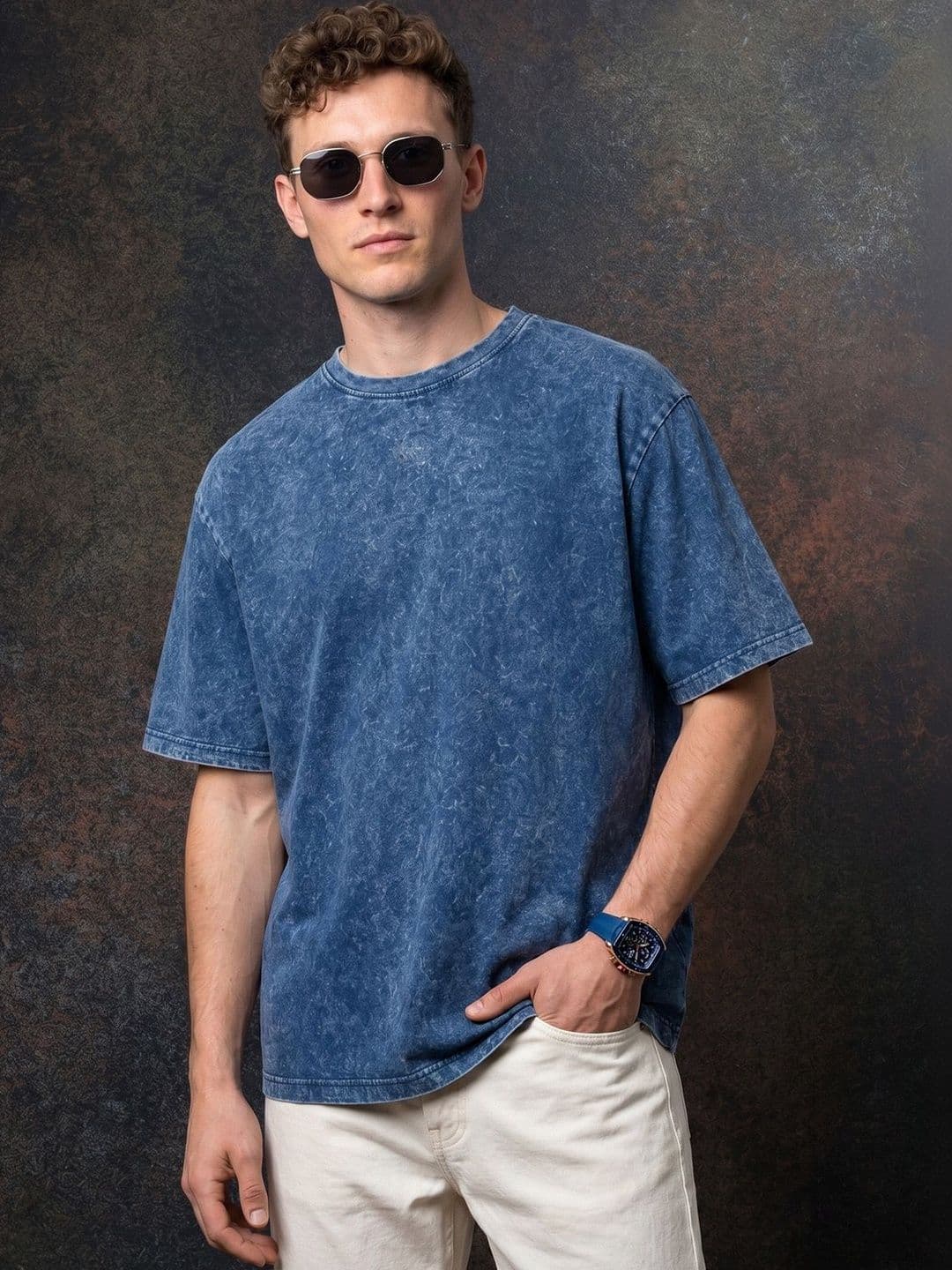 VEIRDO Men Blue Acid Wash Printed Drop-Shoulder Sleeves Pure Cotton Oversize T-shirt - view 1