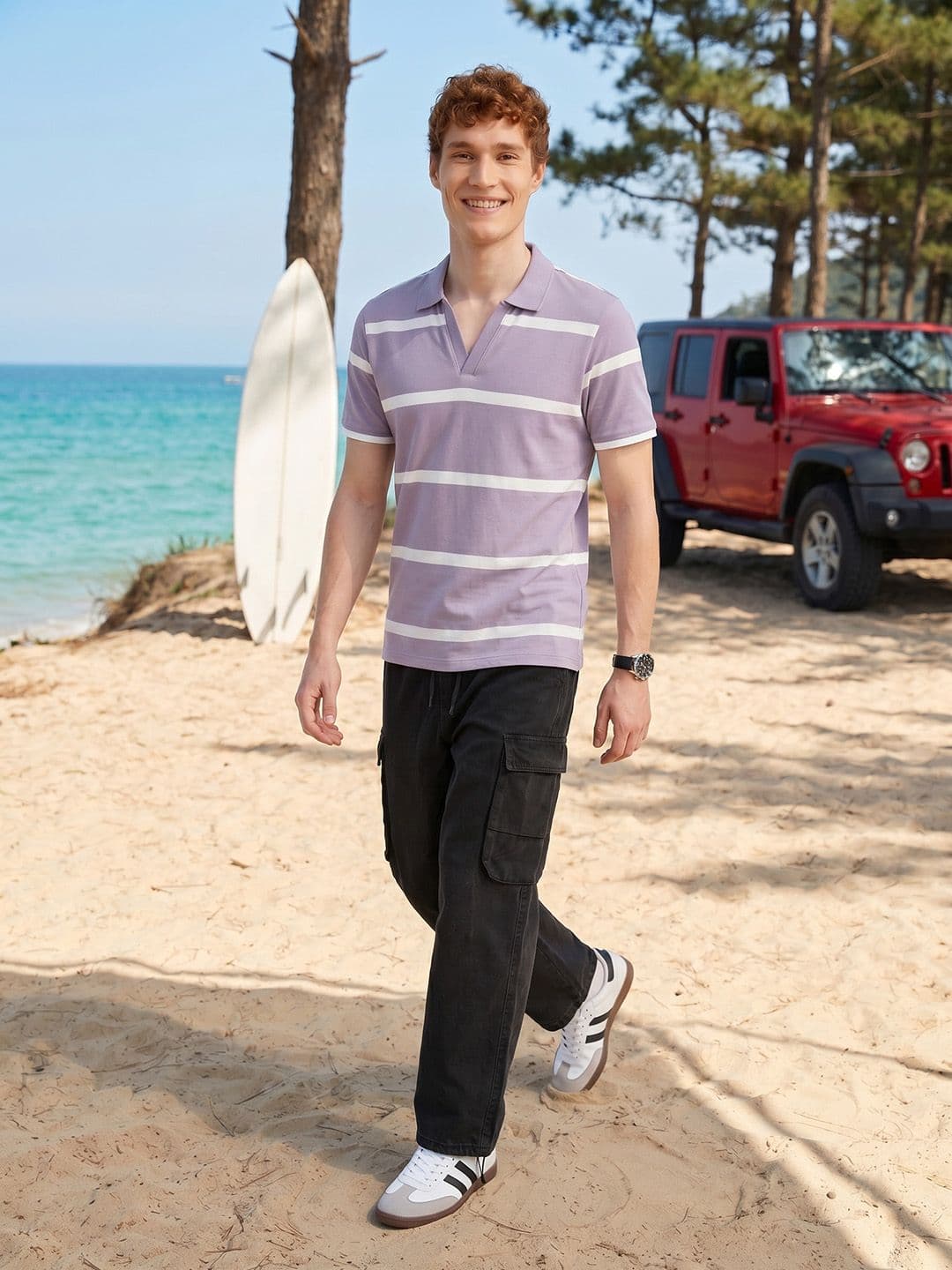 Mast & Harbour Striped Polo Collar Pure Cotton T-shirt - view 1