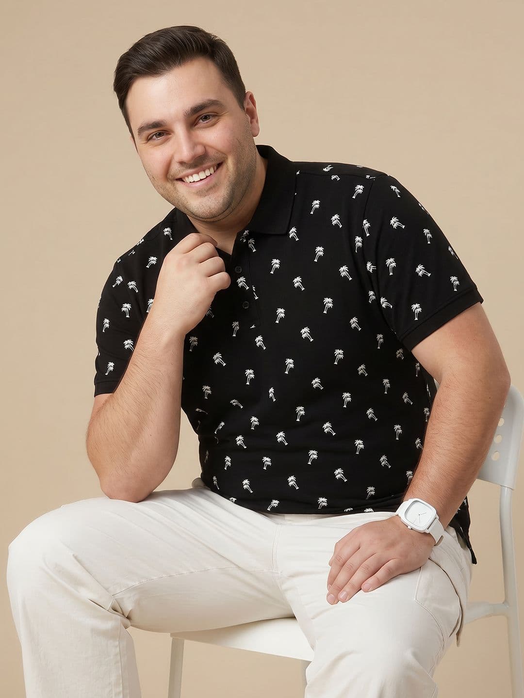 Sztori Plus Size Tropical Printed Polo Collar Pure Cotton T-shirt - view 1