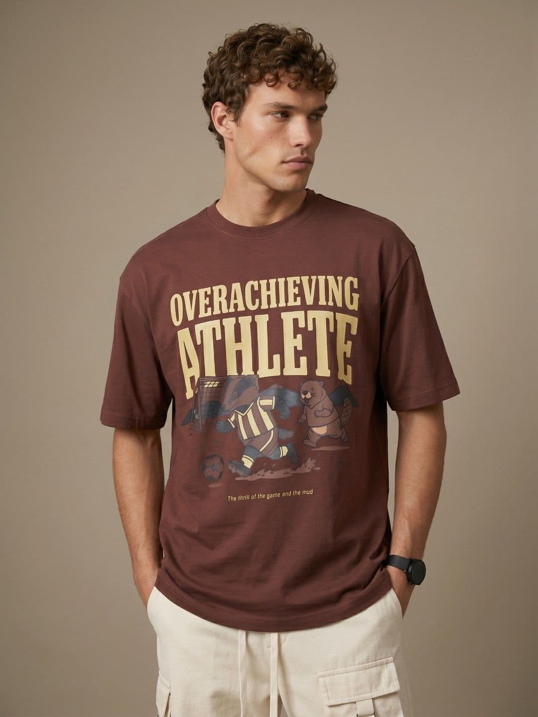 glitchez Coffee Brown Oversized Typography T-shirt - view 1