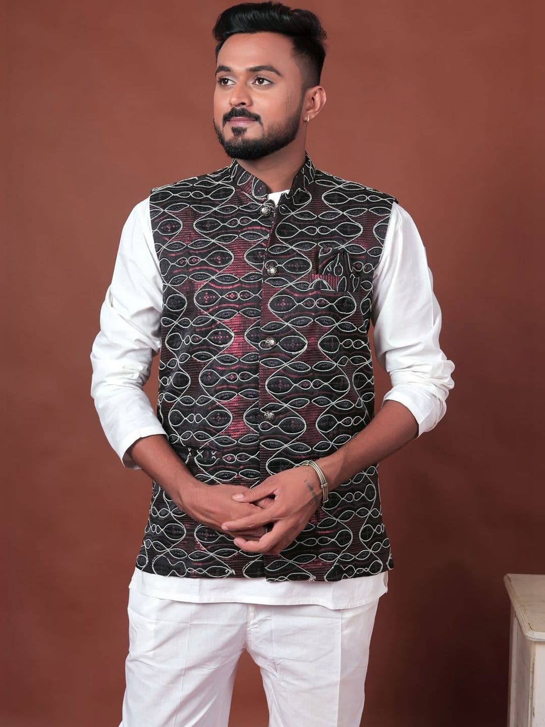 Varbandhan Woven Design Velvet Woven Nehru Jackets - view 1