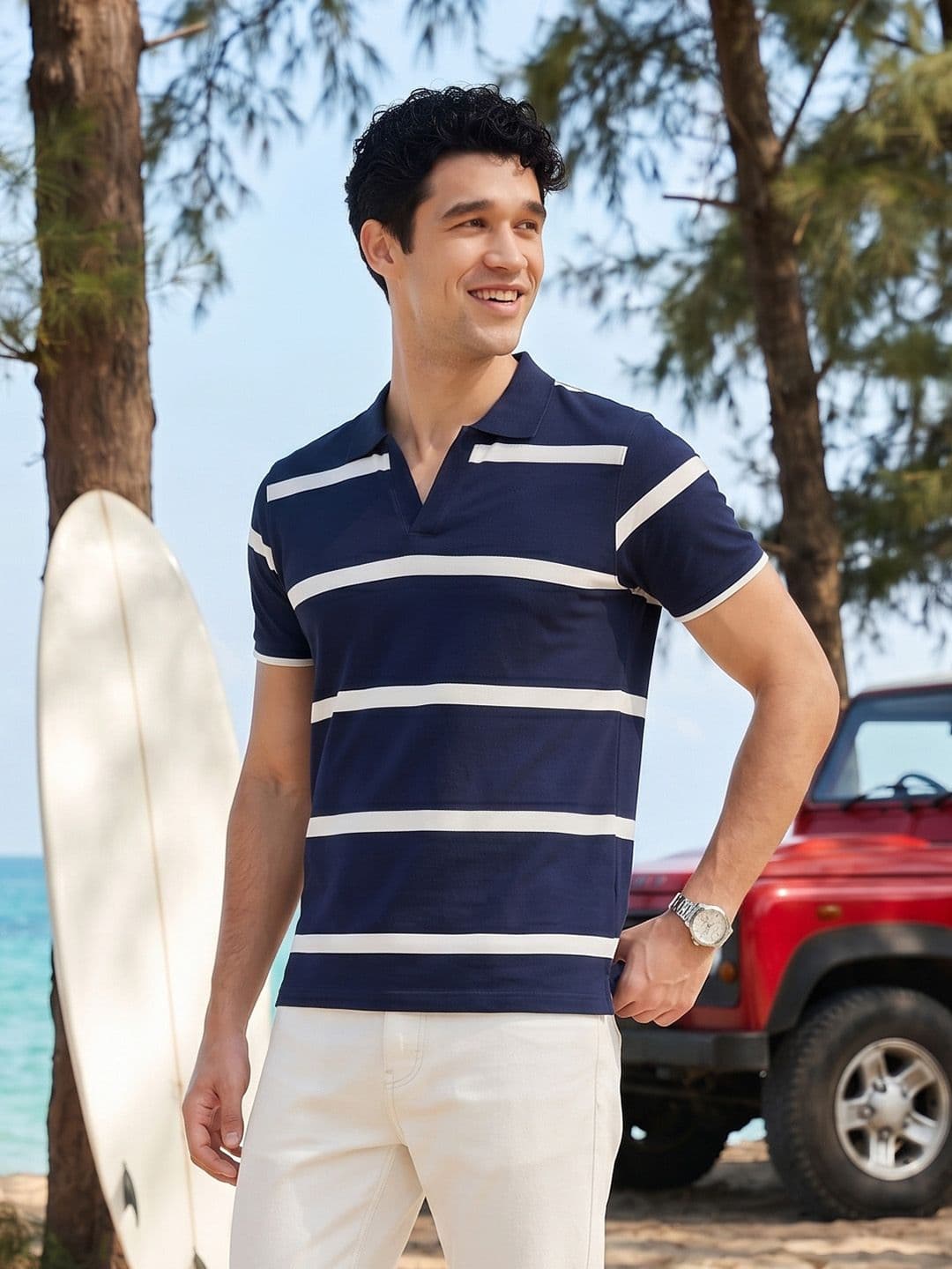 Mast & Harbour Striped Polo Collar Pure Cotton T-shirt - view 1