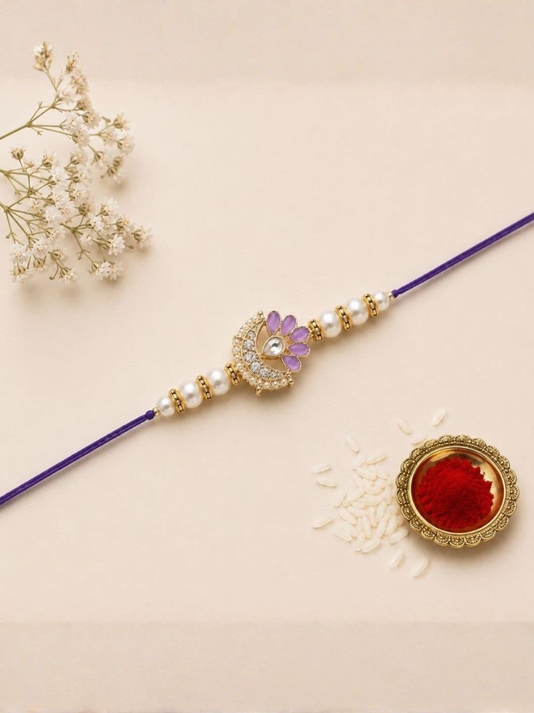 I Jewels Kundan Studded Pearl Beaded Thread Rakhi With Roli Chawal & Rakshabandhan Card - view 1
