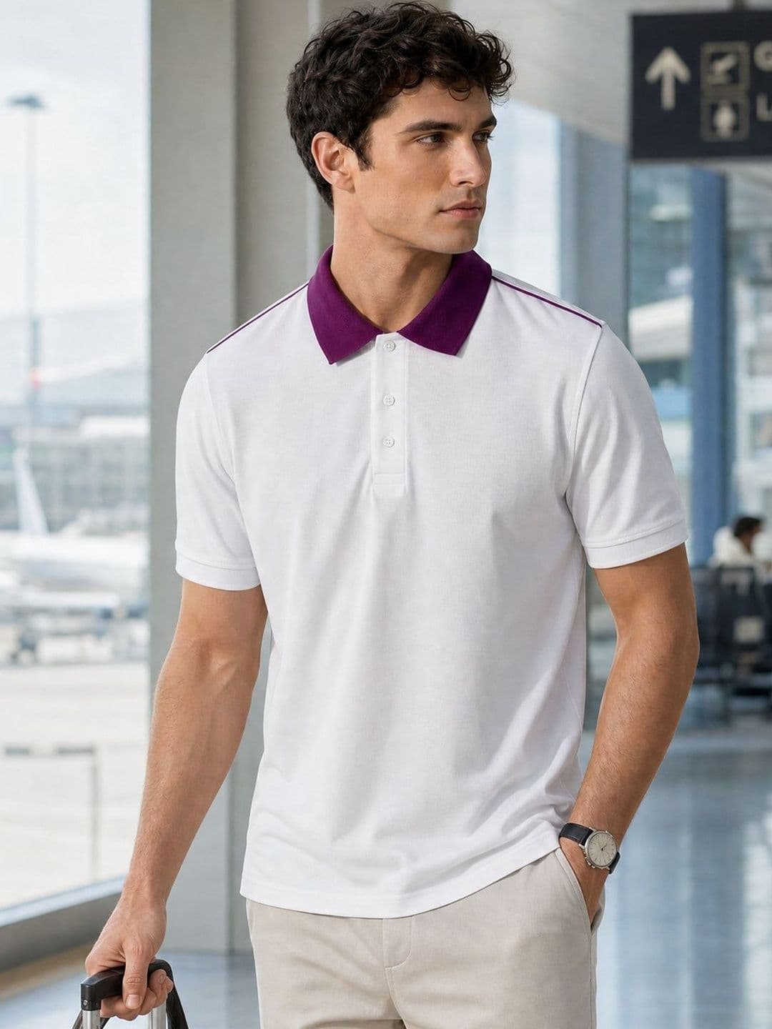 NOBERO Men Striped Polo Collar Applique T-shirt - view 1