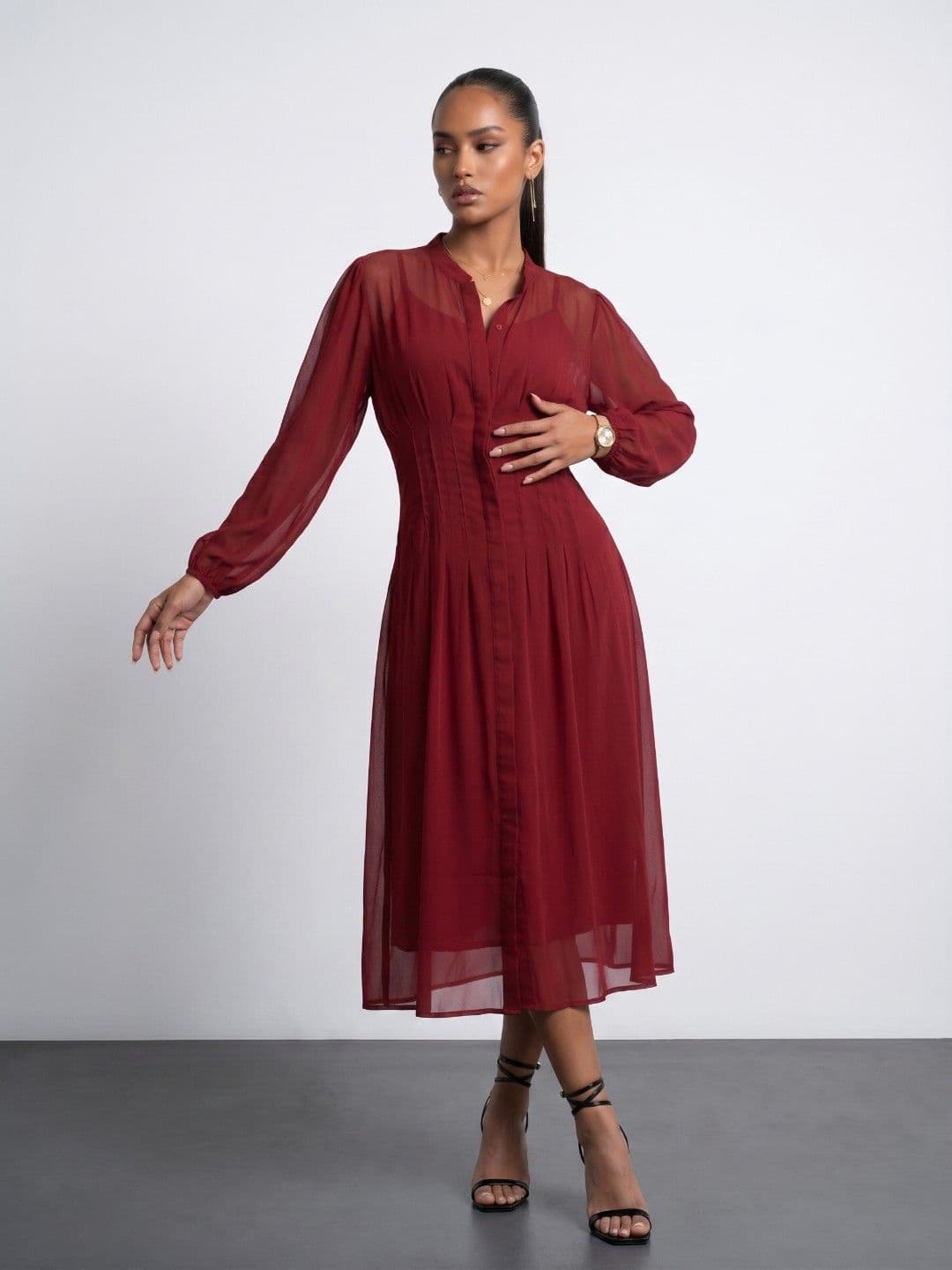 Phosphorus Puff Sleeve Pleated A-Line Midi Dress With Inner Slip - view 1