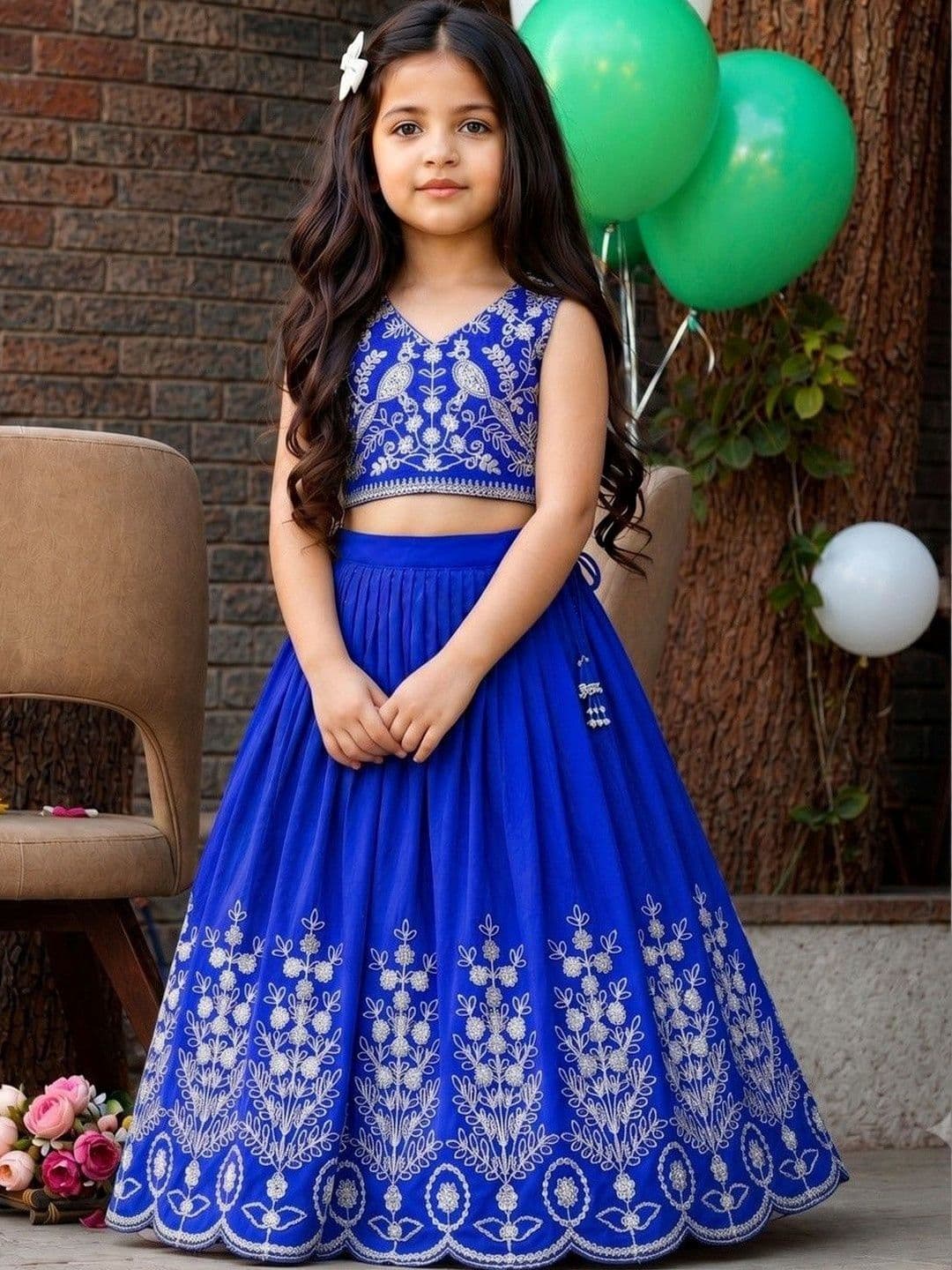 Sangria Girls Embroidered Thread Work Ready to Wear Lehenga & Blouse With Dupatta - view 1