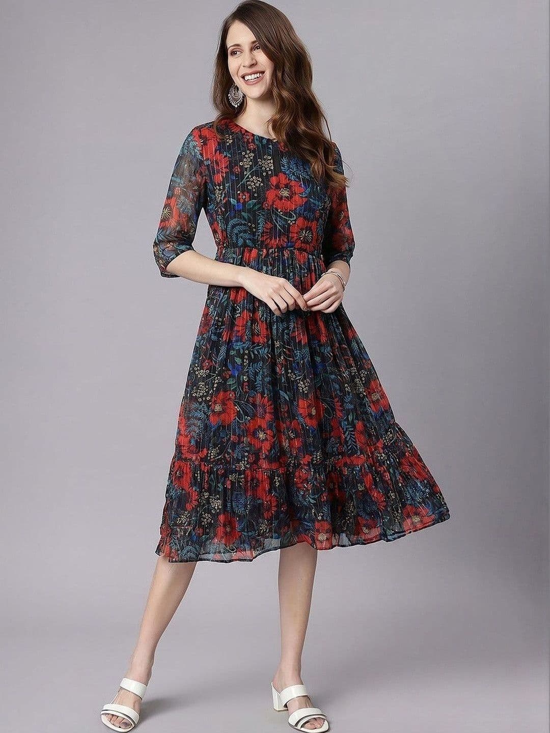 Janasya Ethnic Motifs Print Chiffon Empire Midi Dress - view 1