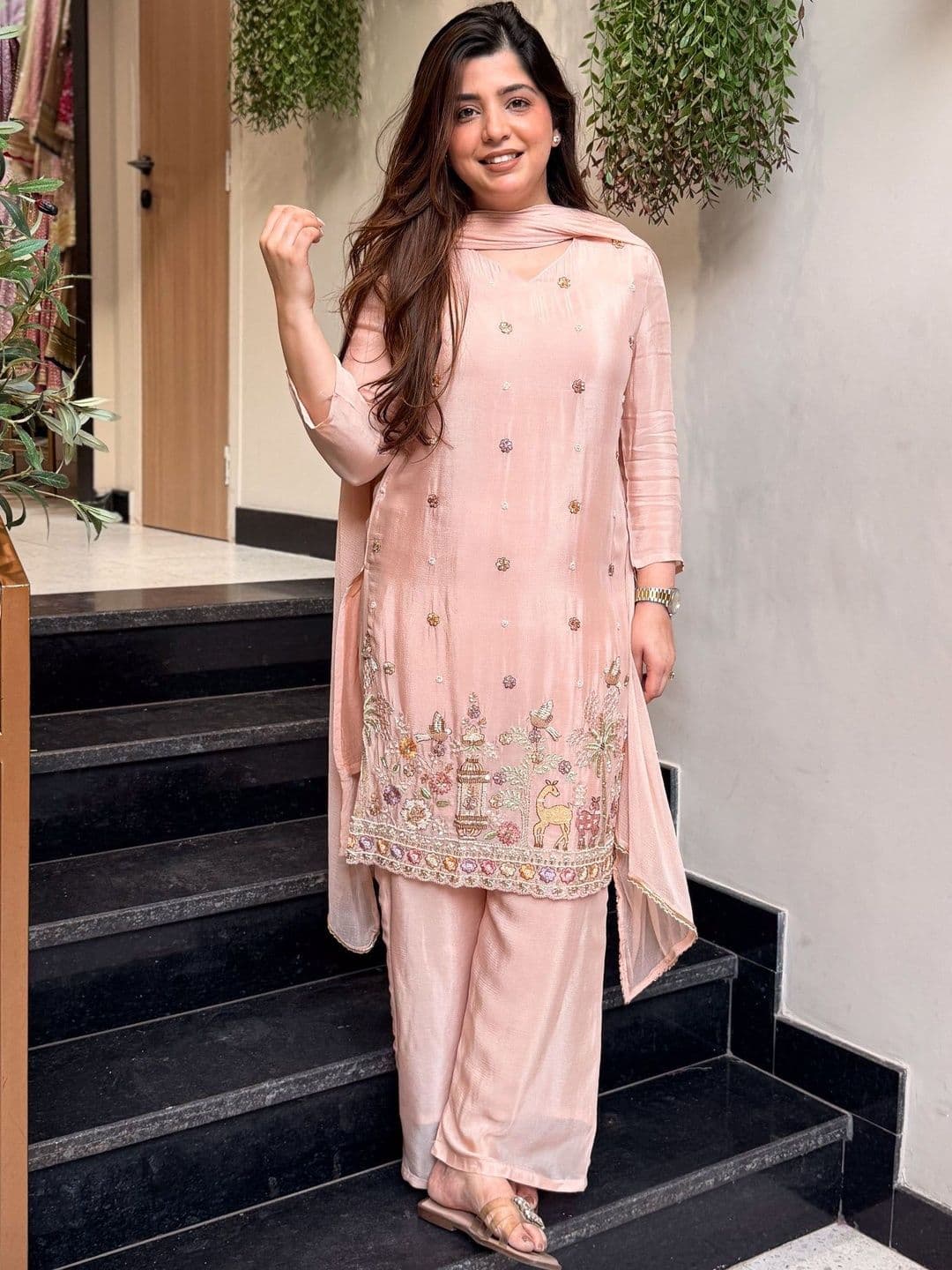 HERE&NOW Women Ethnic Motifs Embroidered Regular Thread Work Kurta with Palazzos & With Dupatta - view 1