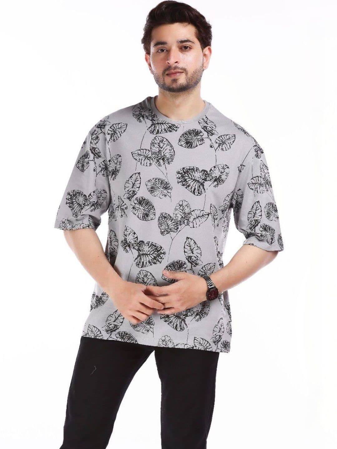 E-MAX Men Floral Printed Drop-Shoulder Sleeves T-shirt - view 1