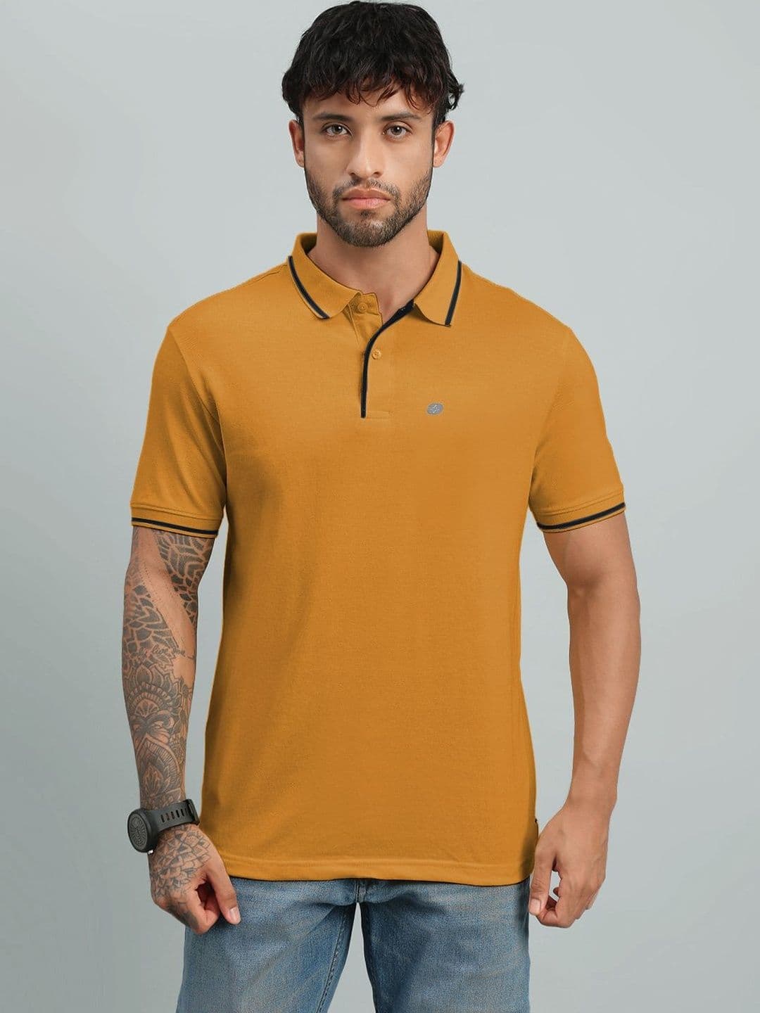 LUX NITRO Solid Cotton Blend Ribbed Sleeve Side Slit Polo T Shirt - view 1