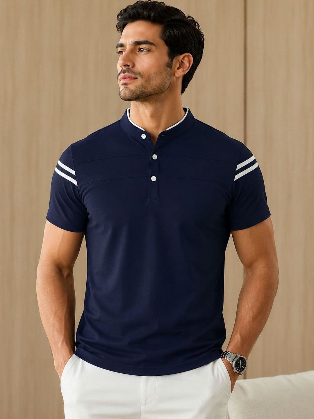 VOOTER Men Colourblocked Mandarin Collar T-shirt - view 1