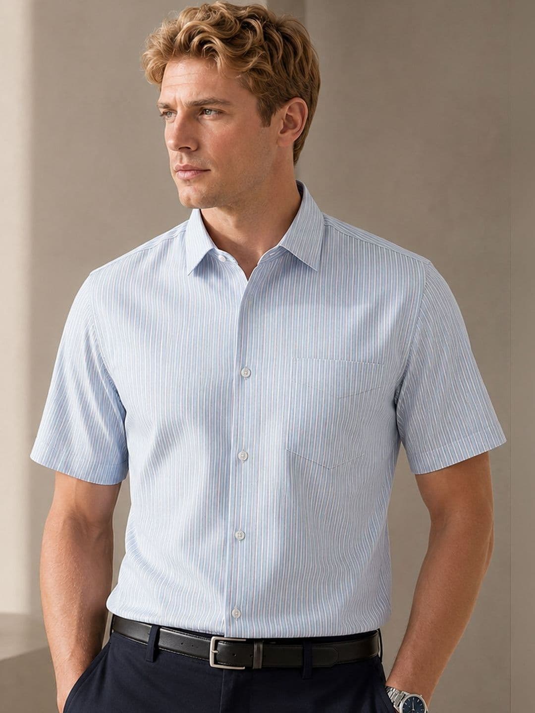 Hancock Men Striped Wrinkle Ressistant Slim Fit Oxford Weave Pure Cotton Formal Shirt - view 1