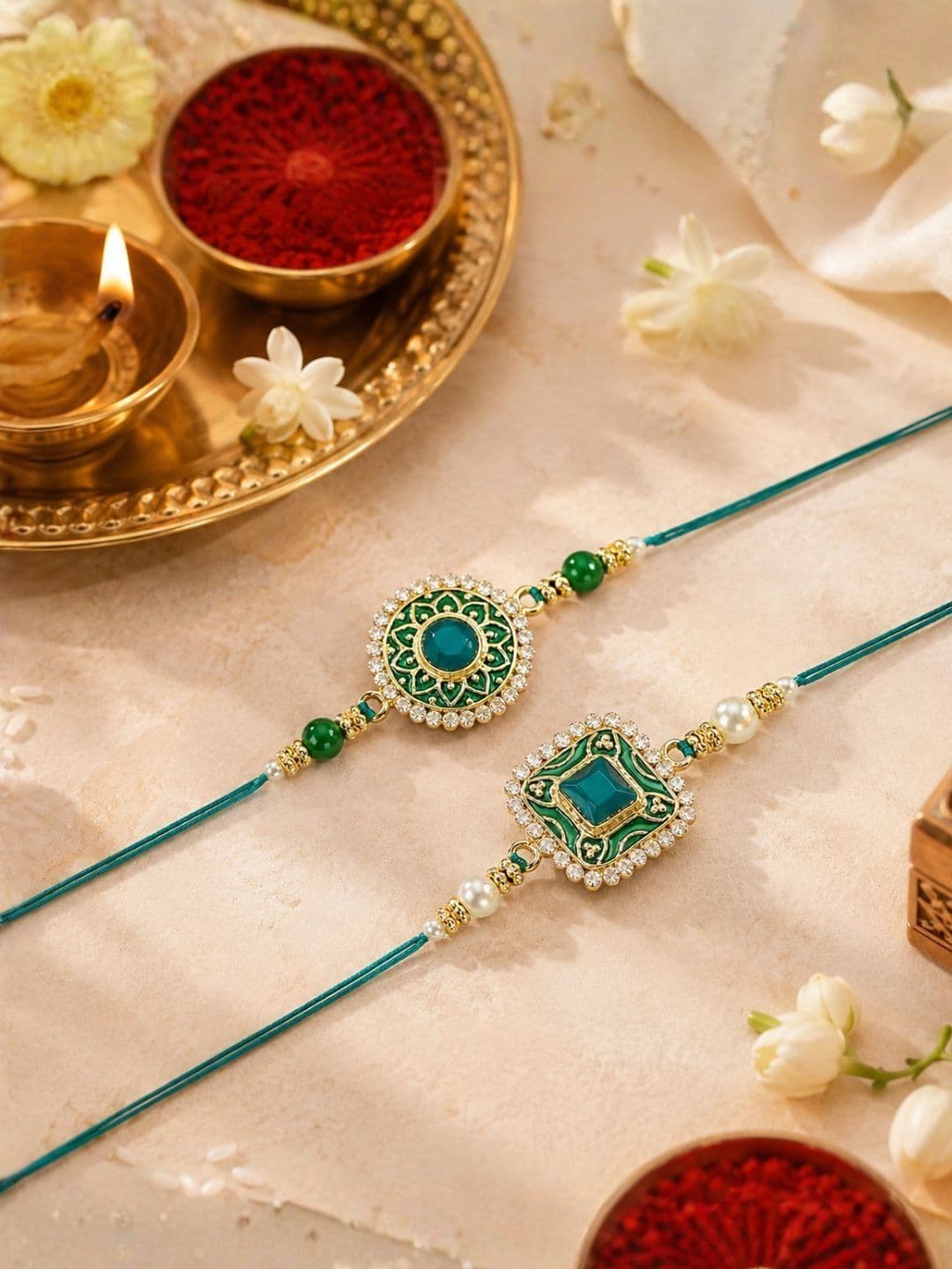 I Jewels Set of 2 Kundan Studded & Pearls Beaded Thread Rakhis With Roli Chawal - view 1