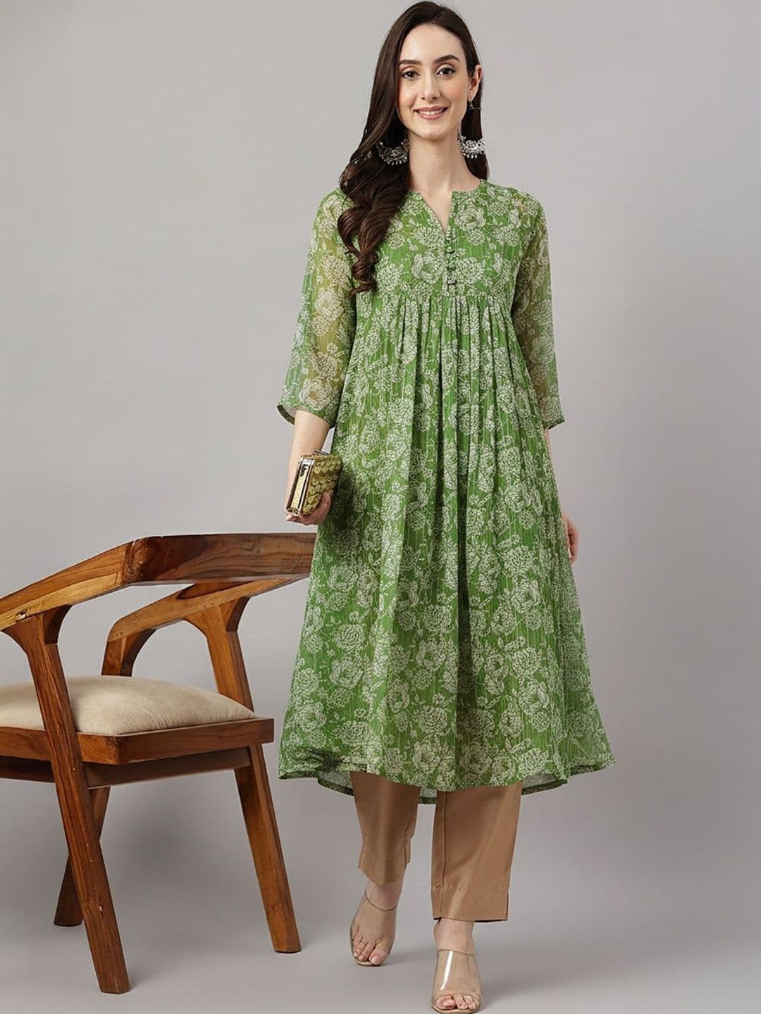 Janasya Women's Green Chiffon Lurex Floral Printed A-line Kurta - view 1