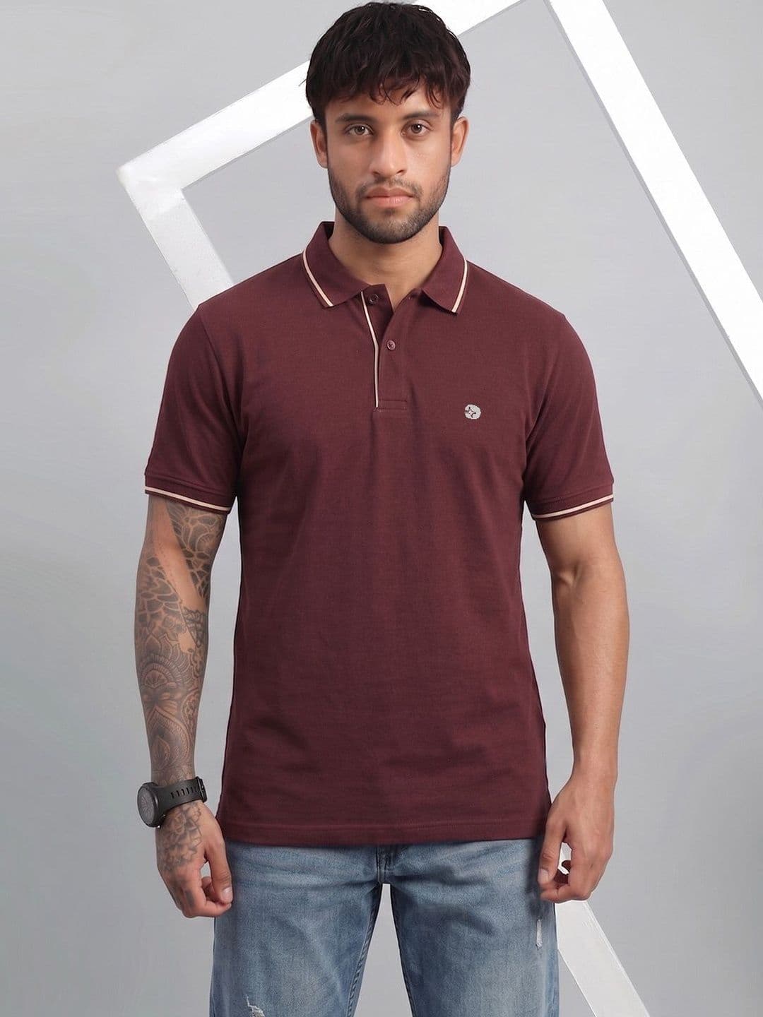 LUX NITRO Solid Cotton Blend Ribbed Sleeve Side Slit Polo T Shirt - view 1