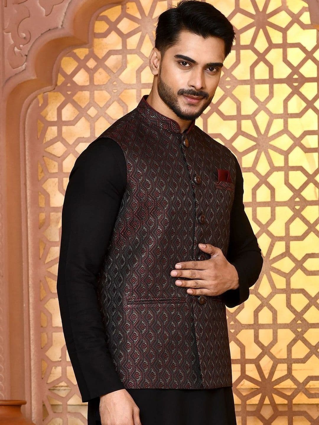 TRENDS OF ETHNIC Mandarin Collar Woven Nehru Jackets - view 1