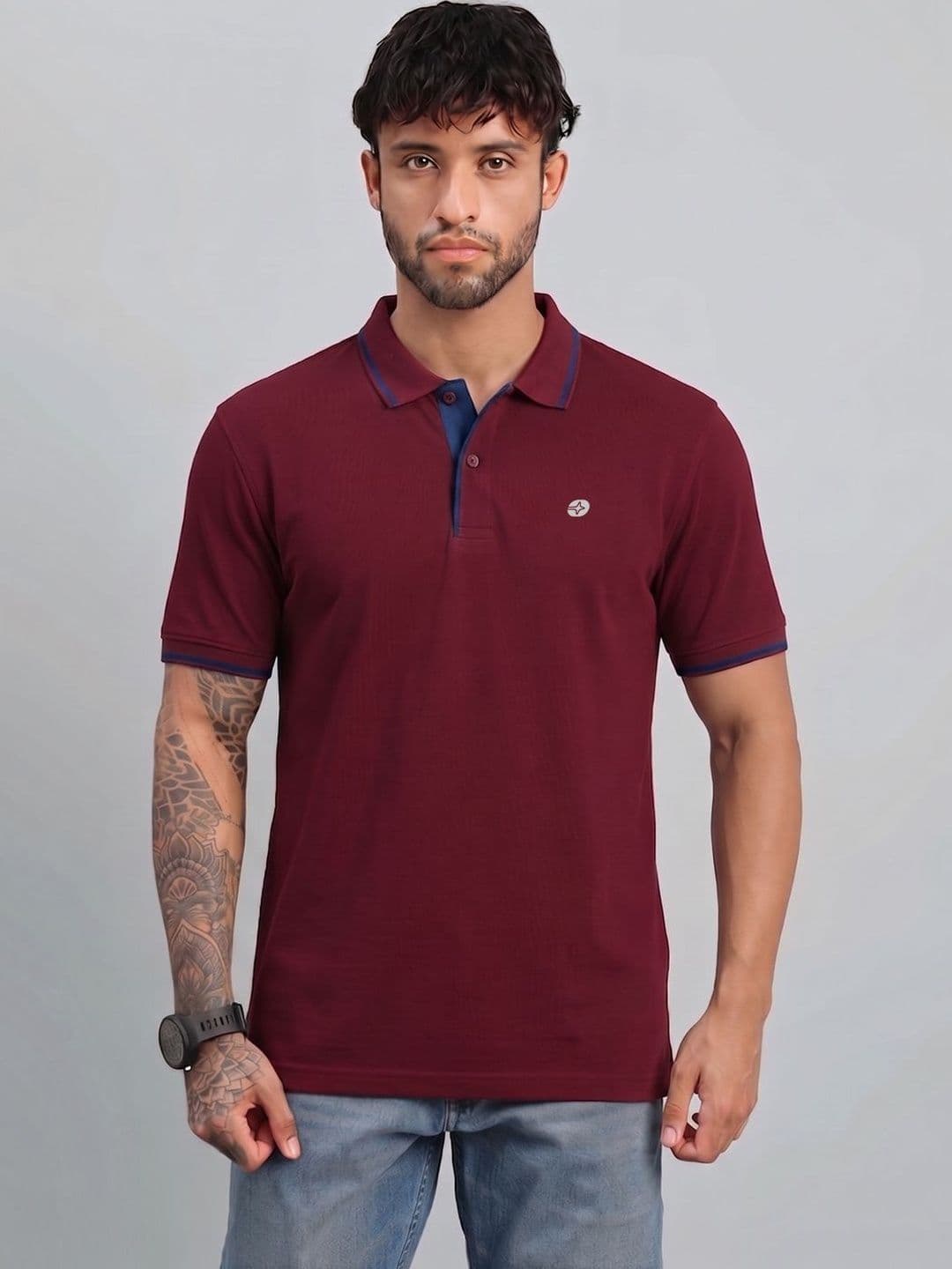 LUX NITRO Solid Cotton Blend Ribbed Sleeve Side Slit Polo T Shirt - view 1