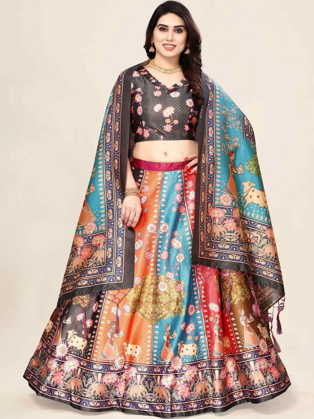 KAHIRAA WHOLETEX Printed Semi-Stitched Lehenga & Unstitched Blouse With Dupatta - view 1