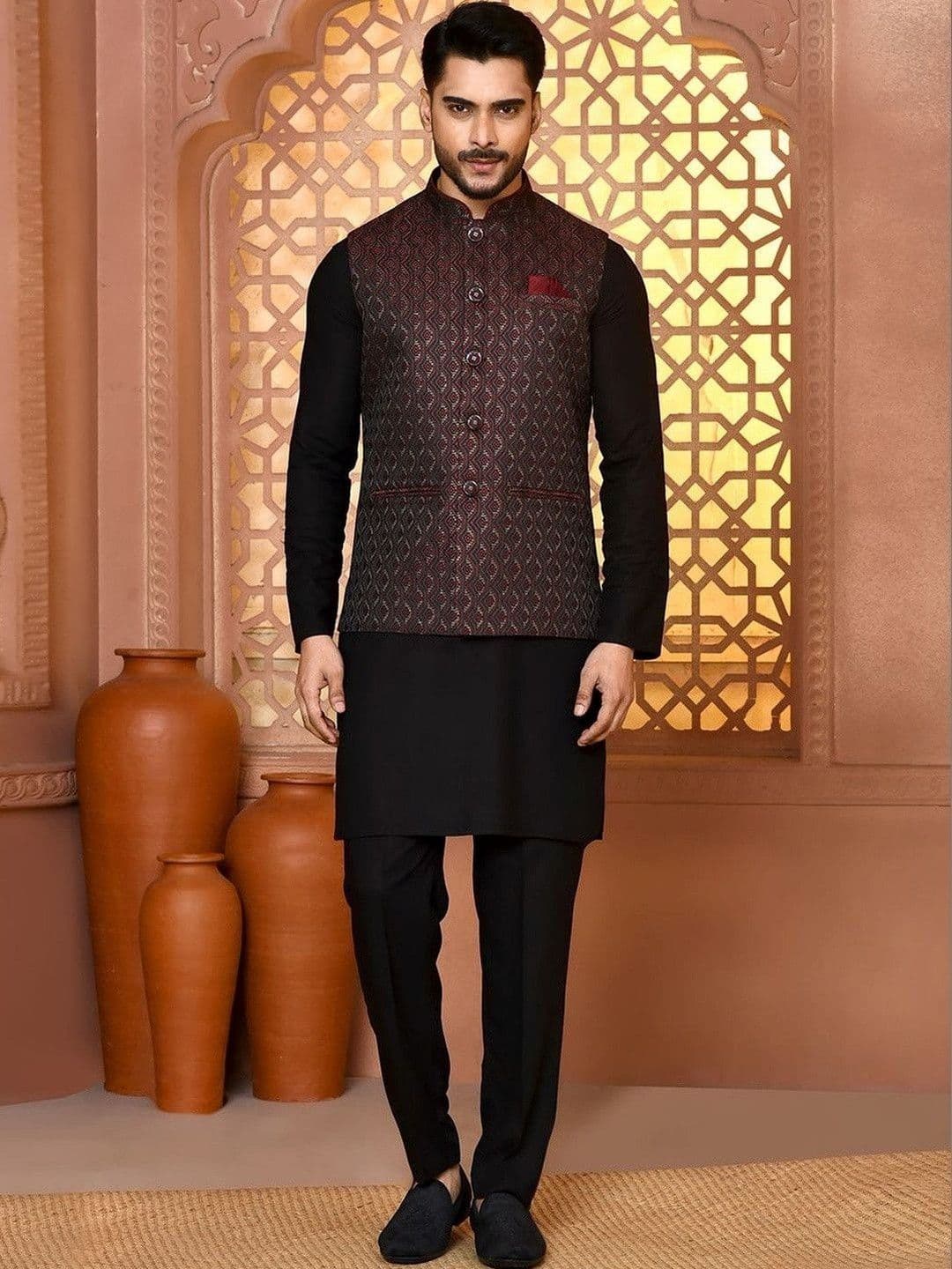 WANAS Woven Design Art Silk Woven Nehru Jackets - view 1