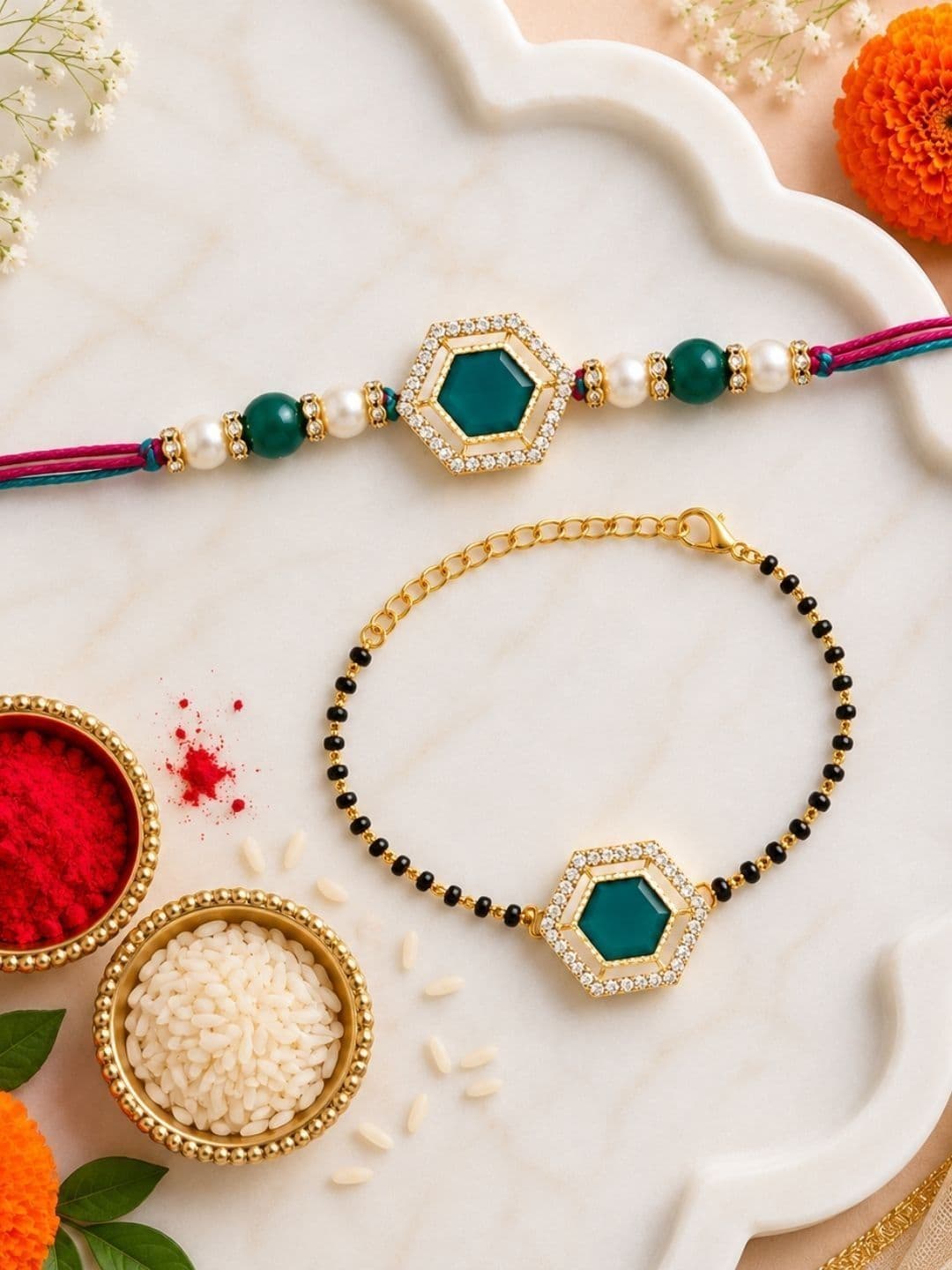 I Jewels Set Of 2 Stone Studded Bhai Bhabhi Mangalsutra Bracelet Rakhi - view 1