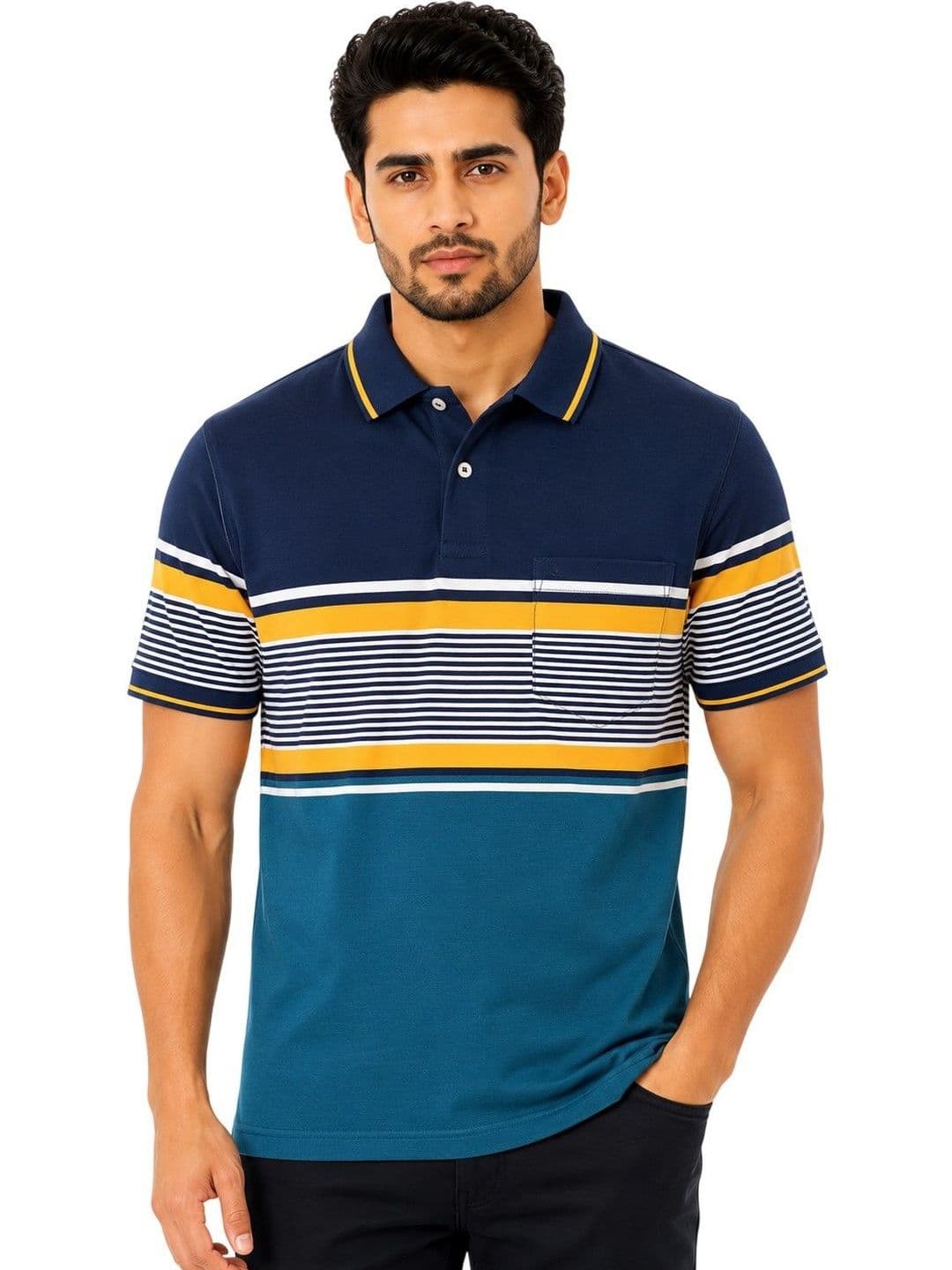 Oakmans Men Striped Polo Collar Pockets T-shirt - view 1