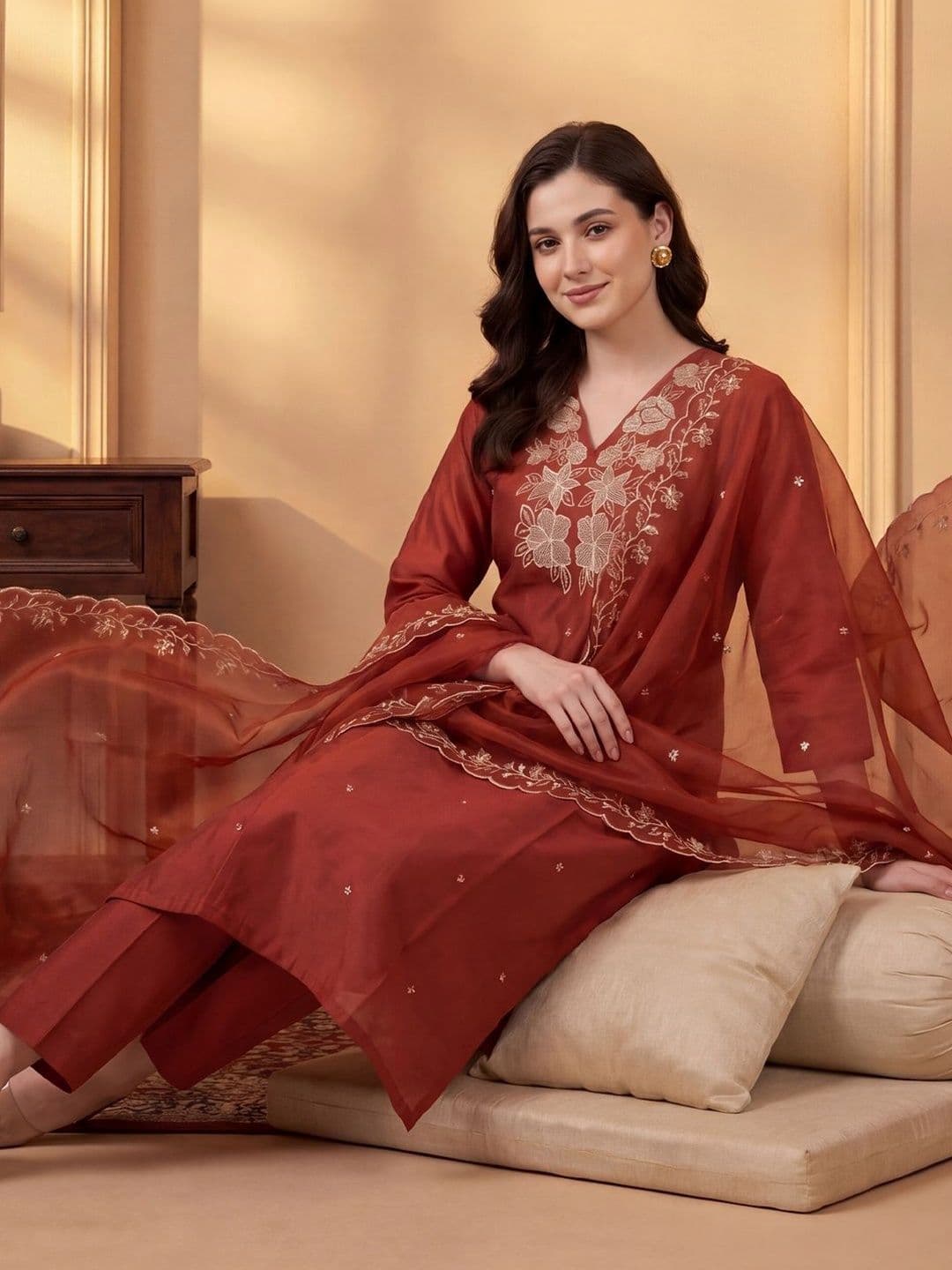 Indo Era Women Floral Embroidered Regular Thread Work Kurta with Trousers & With Dupatta - view 1