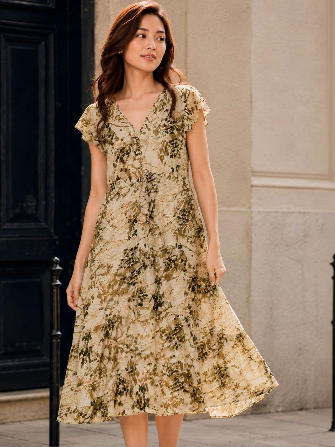 NOWI Print Flutter Sleeve Fit & Flare Midi Dress - view 1