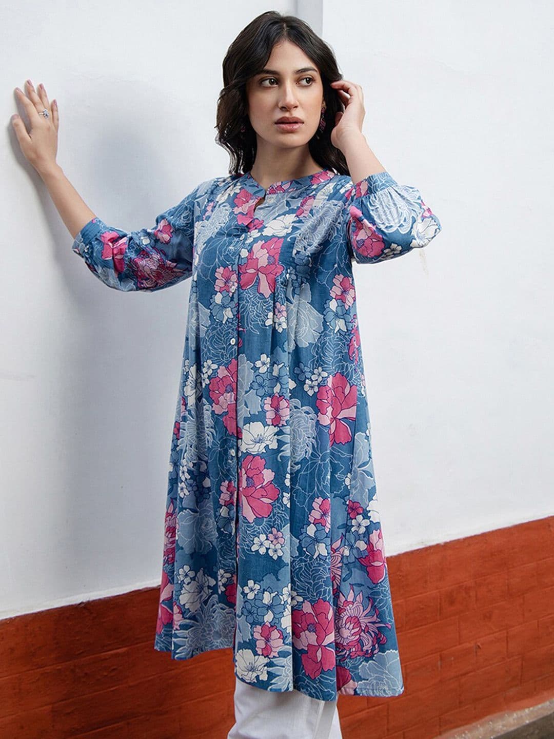 Janasya Floral Printed Mandarin Collar Pure Cotton Pleated A-Line Tunic - view 1