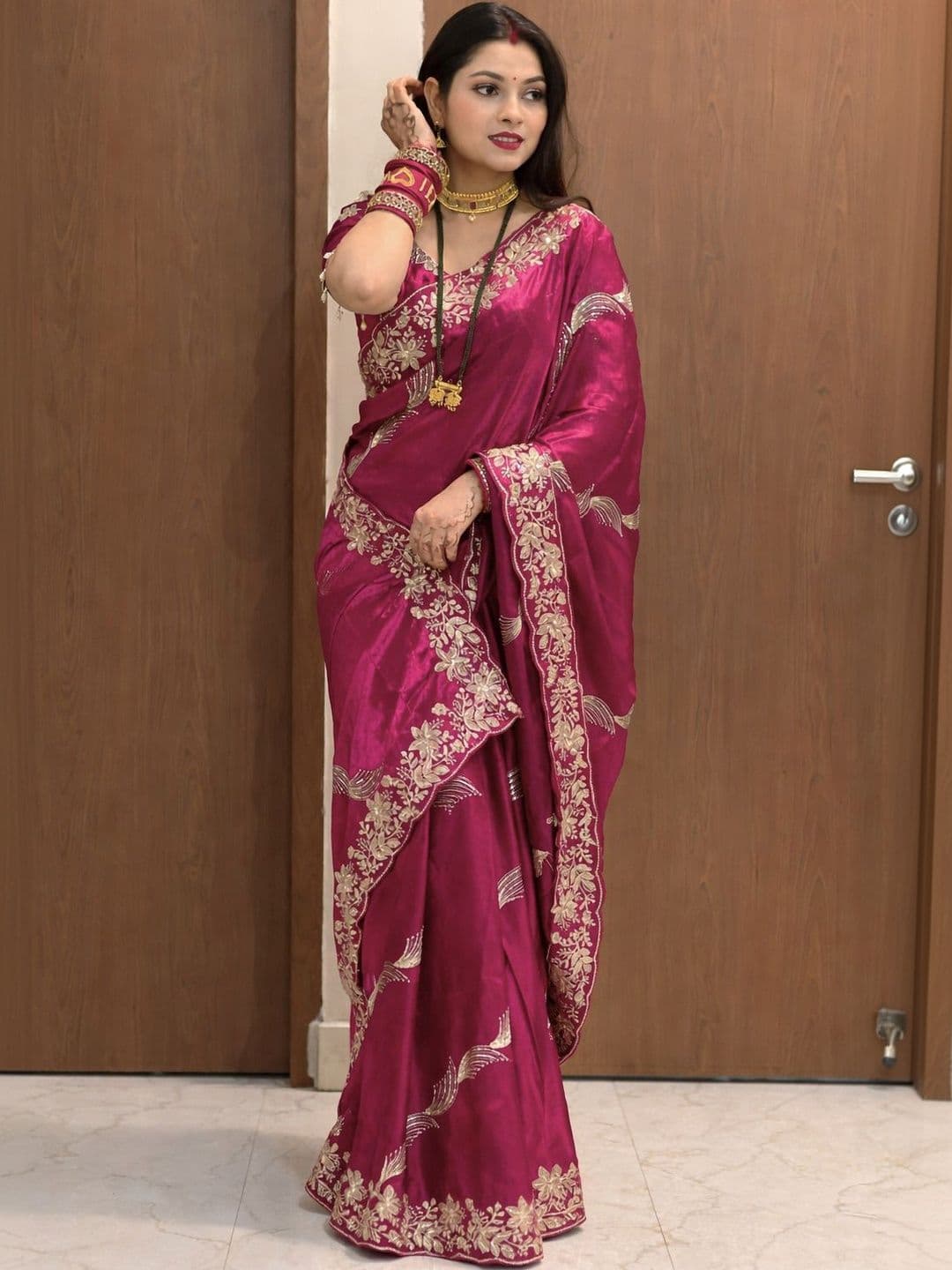 R K CREATION Floral Embroidered Satin Designer Baluchari Saree - view 1