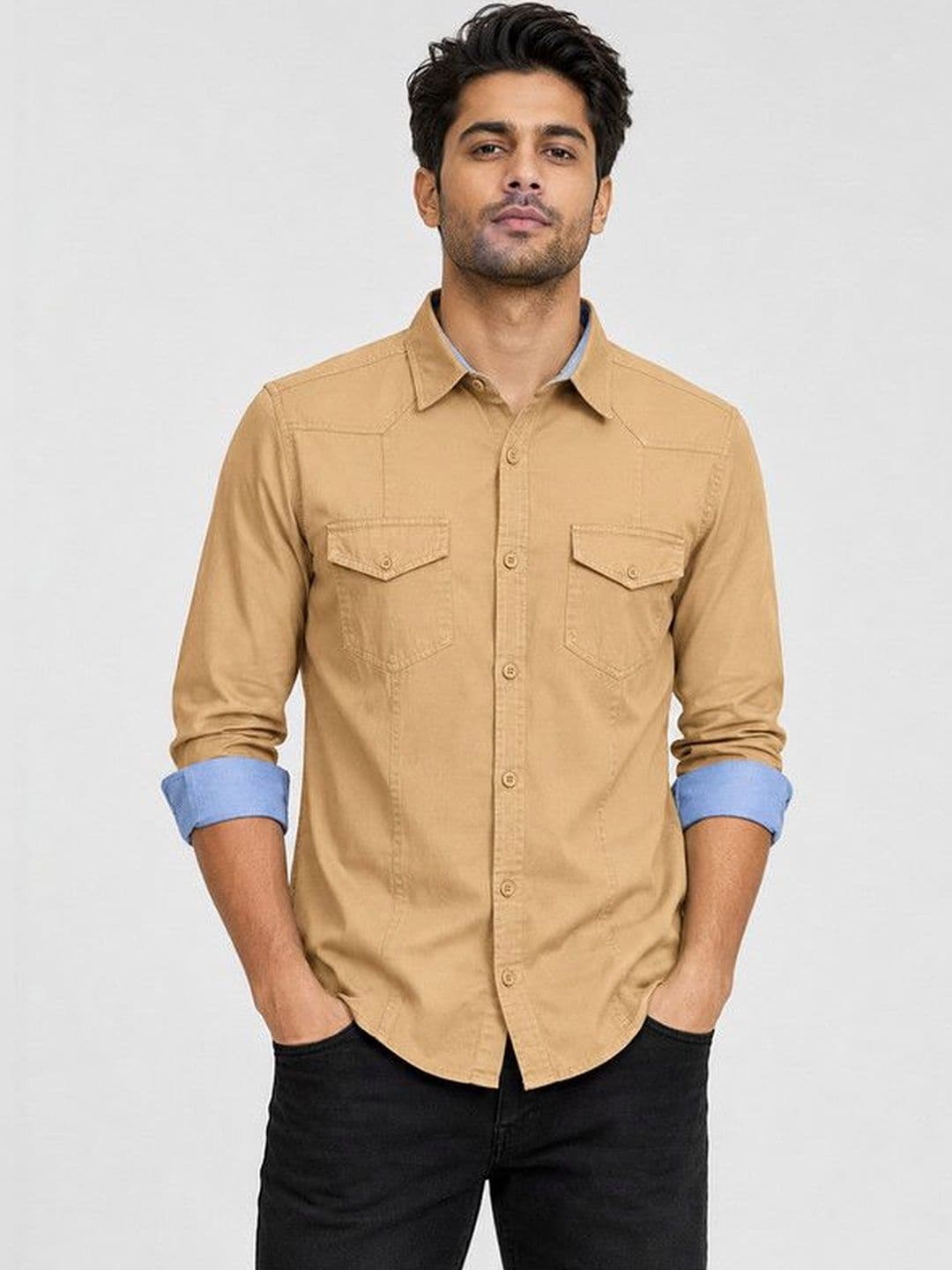 FRANKSHIRT Men Cream Solid Cargo Cotton Regular Fit Full Sleeve Casual Shirt - view 1